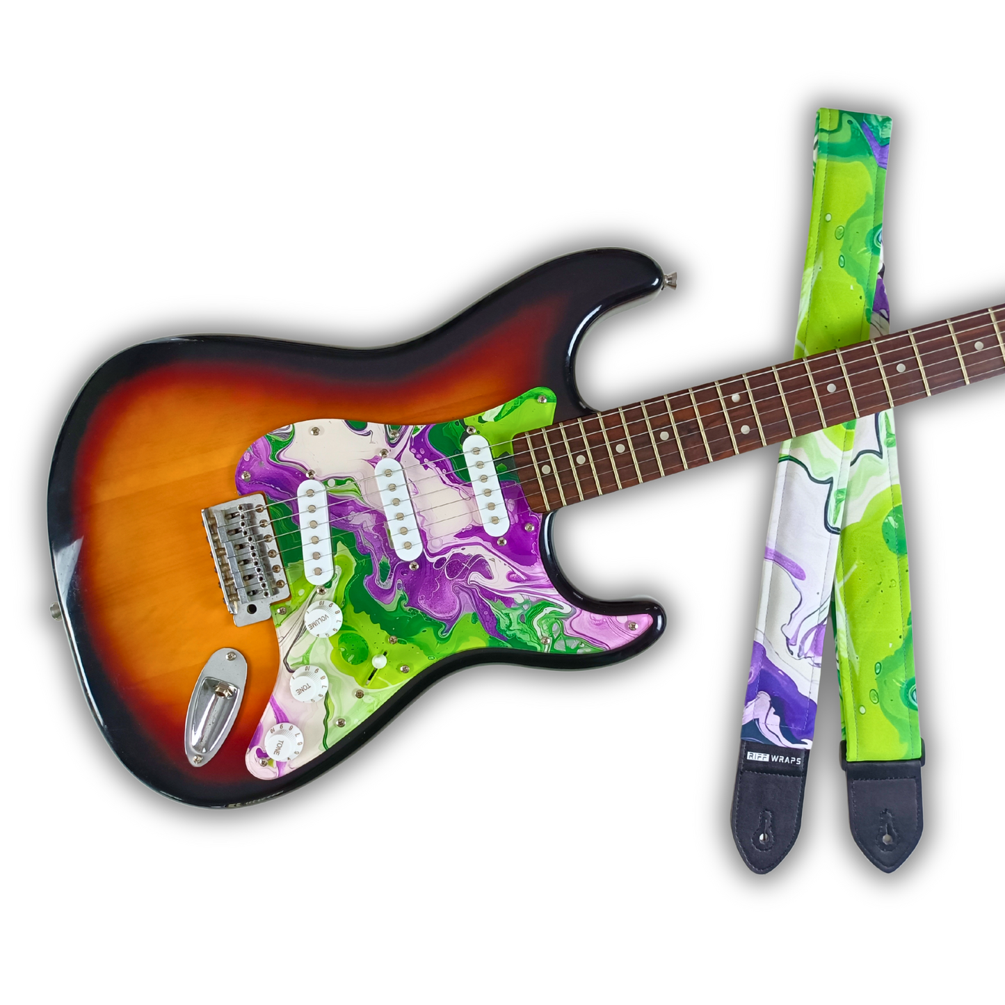 渦巻き - 紫、緑、白 - パッド入りギターストラップ