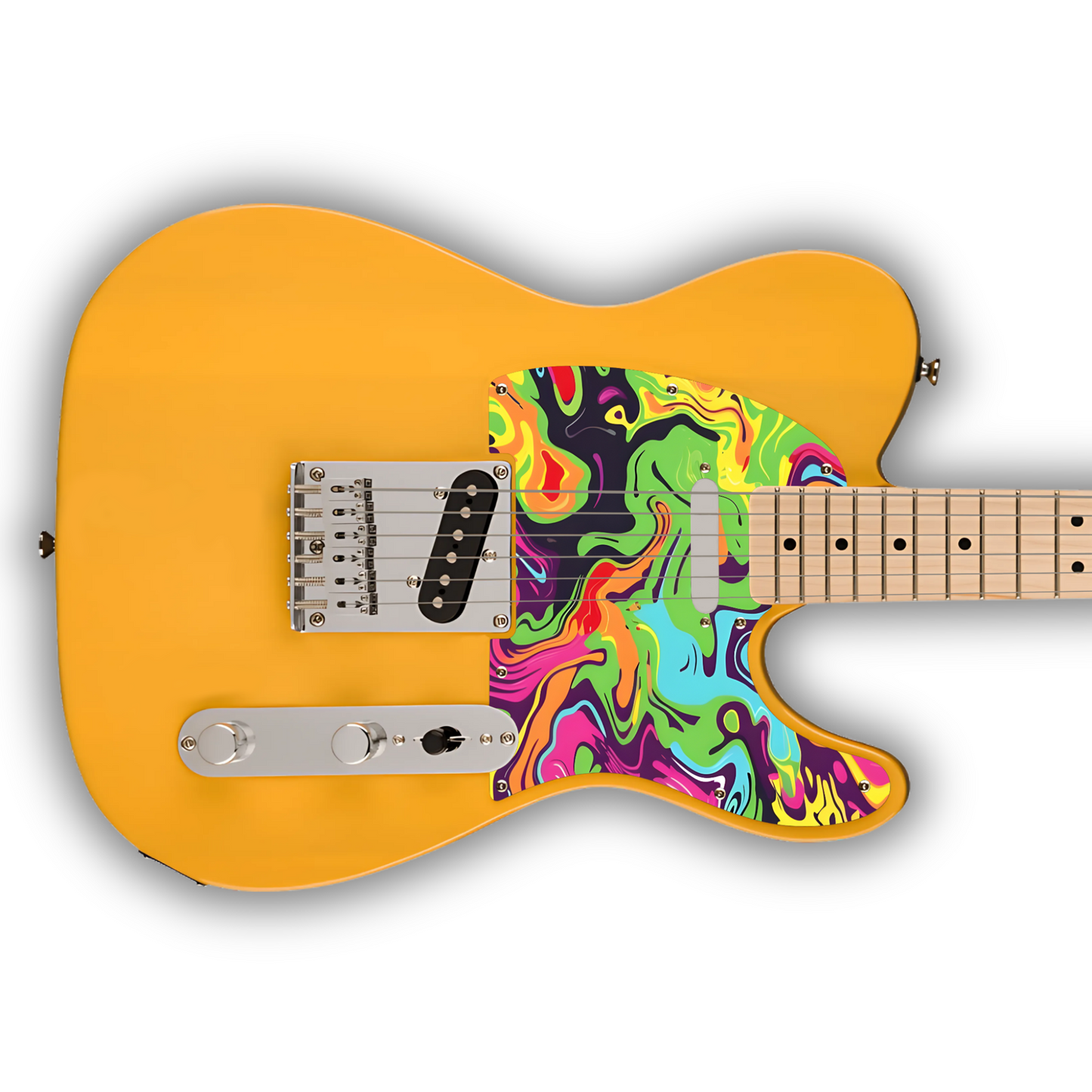 Yellow telecaster style electric guitar with a colorful swirl pickguard/scratchplate against a white background