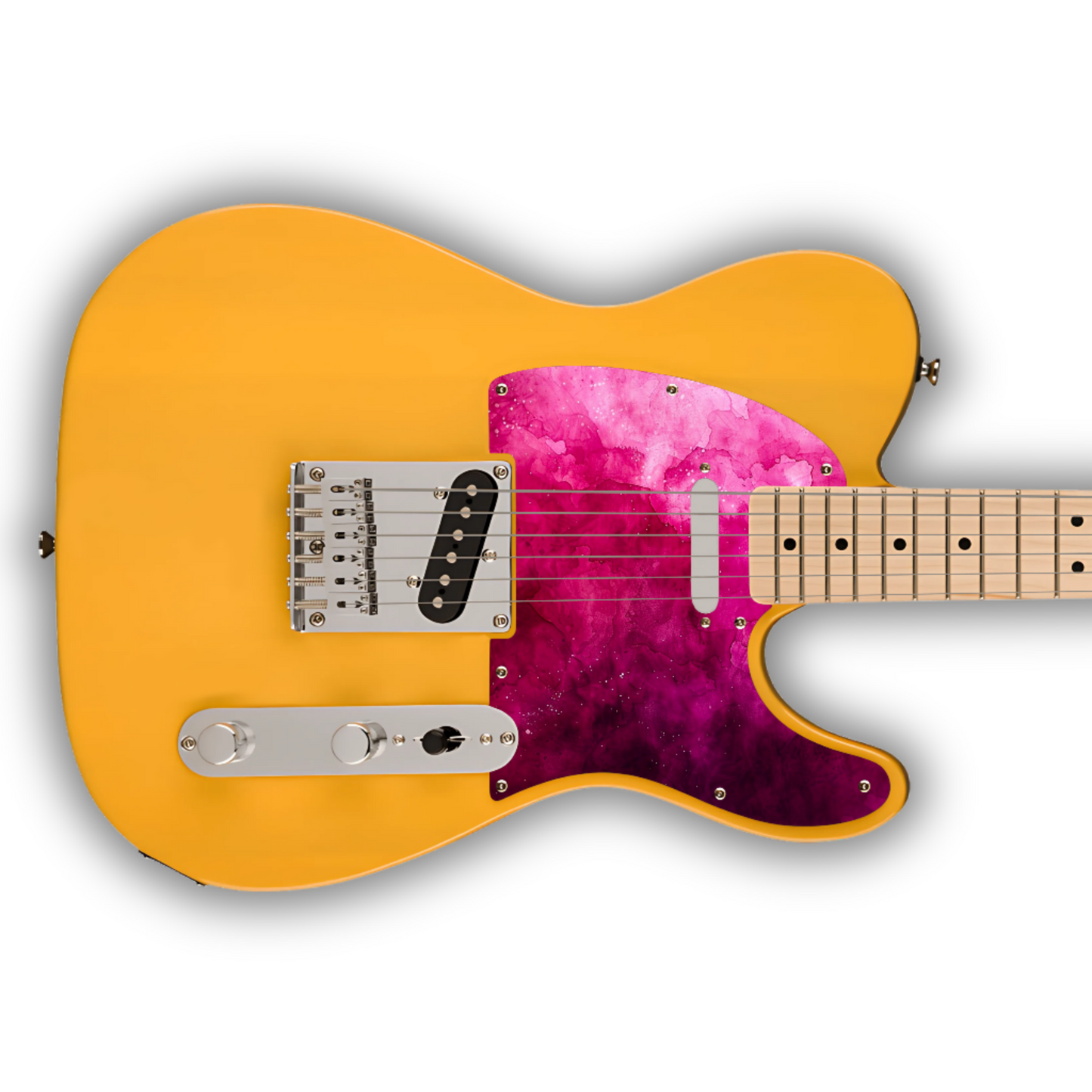 Yellow Telecaster electric guitar with a pink and purple watercolour pickguard on a white background