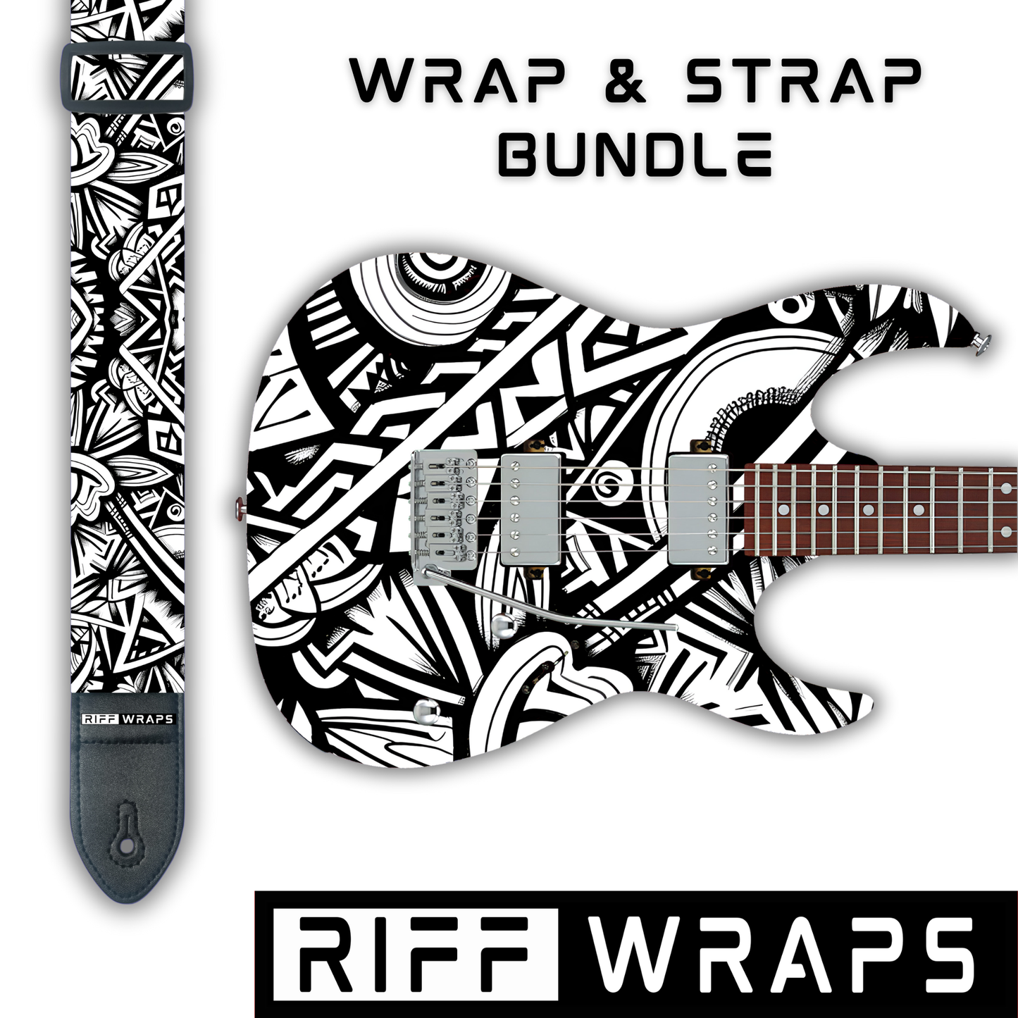 Black & White - Tribal - Guitar Wrap & Strap Bundle