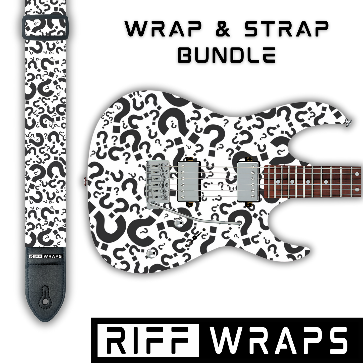 Black & White - Question Marks - Guitar Wrap & Strap Bundle