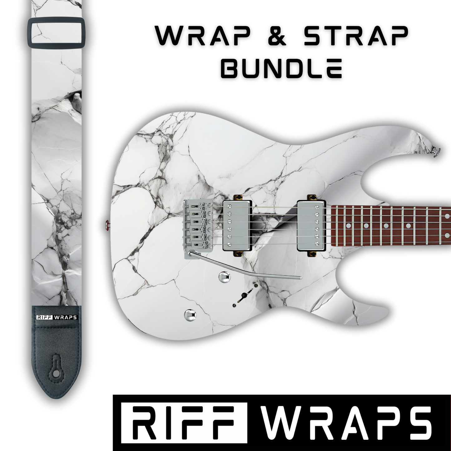 Marble - White & Black  - Guitar Wrap & Strap Bundle