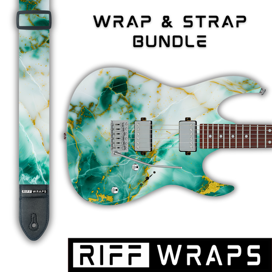 Marble - Green, White & Gold 2 - Guitar Wrap & Strap Bundle