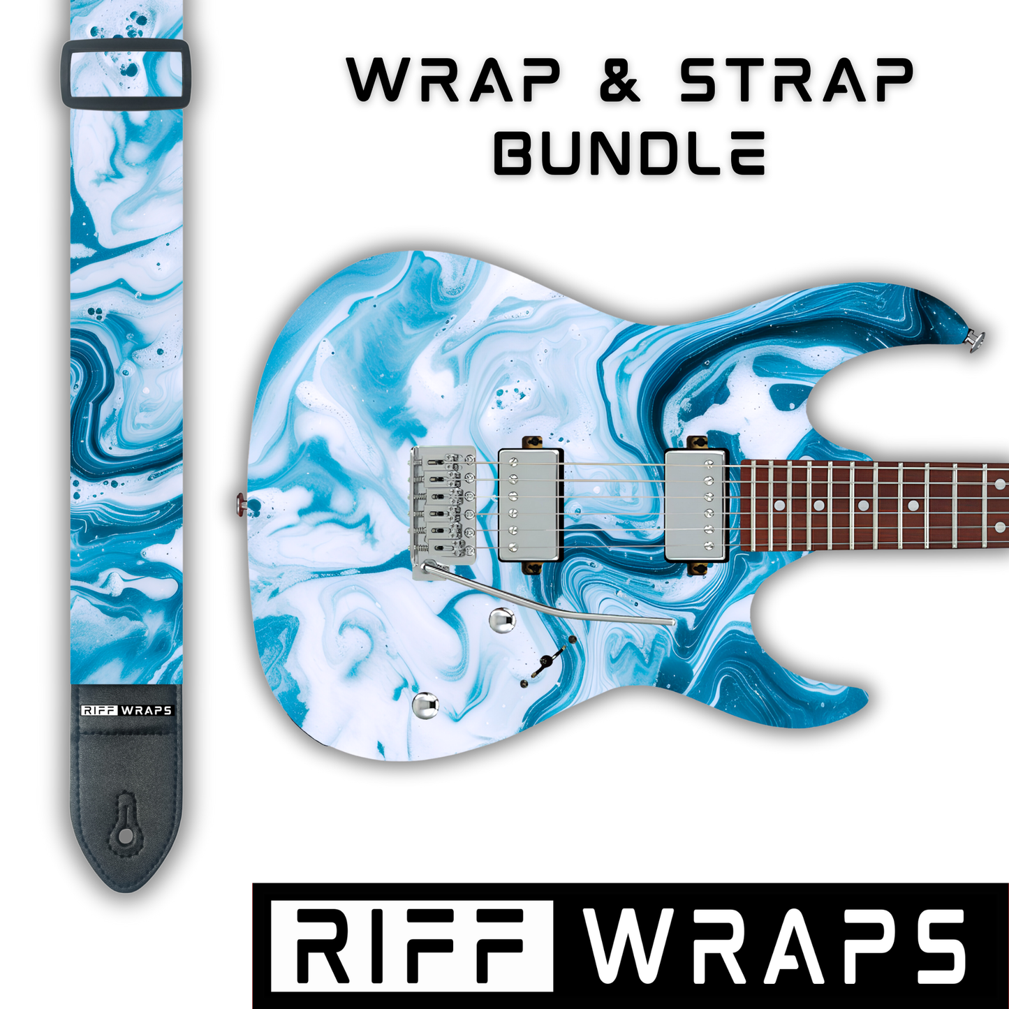 Swirls - Blue & White  - Guitar Wrap & Strap Bundle