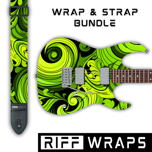 Swirls - Green & Black  - Guitar Wrap & Strap Bundle