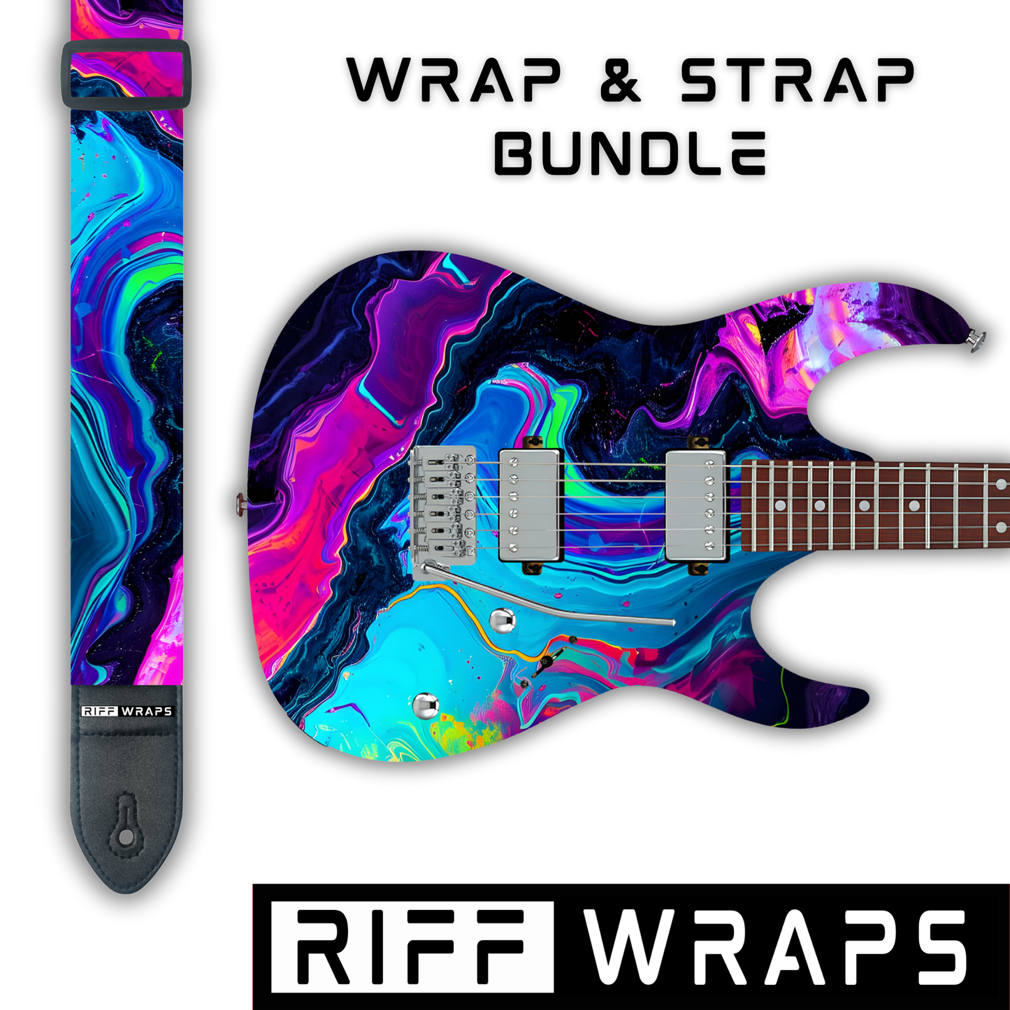 Swirls - Neon 1  - Guitar Wrap & Strap Bundle