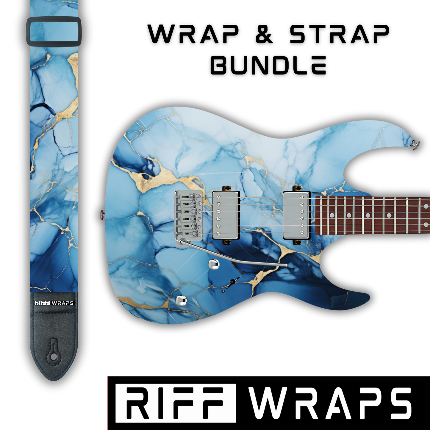 Marble - Blue & Gold - Guitar Wrap & Strap Bundle