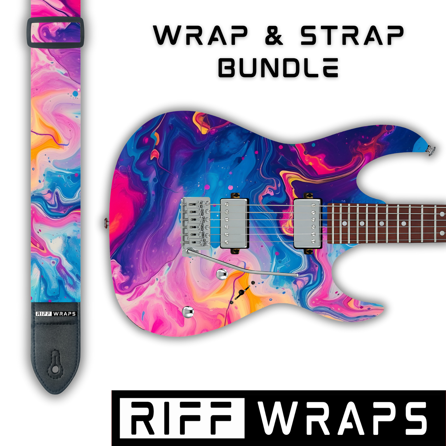 Swirls - Blue & Pink  - Guitar Wrap & Strap Bundle