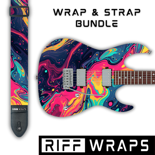 Swirls - Pink, Blue & Orange - Guitar Wrap & Strap Bundle