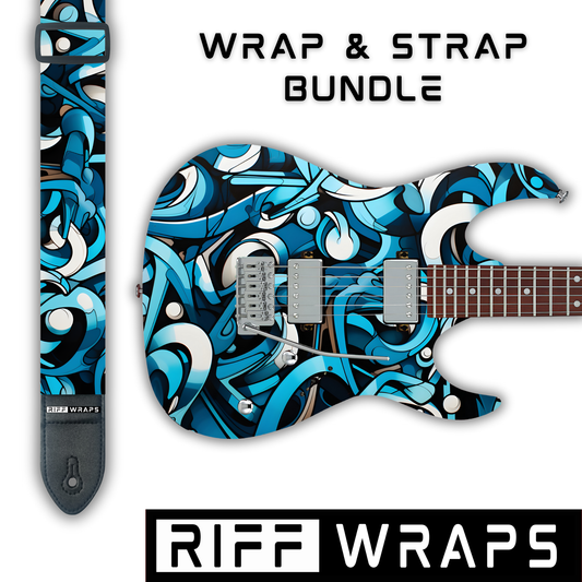 Tribal - Abstract Blue & White - Guitar Wrap & Strap Bundle