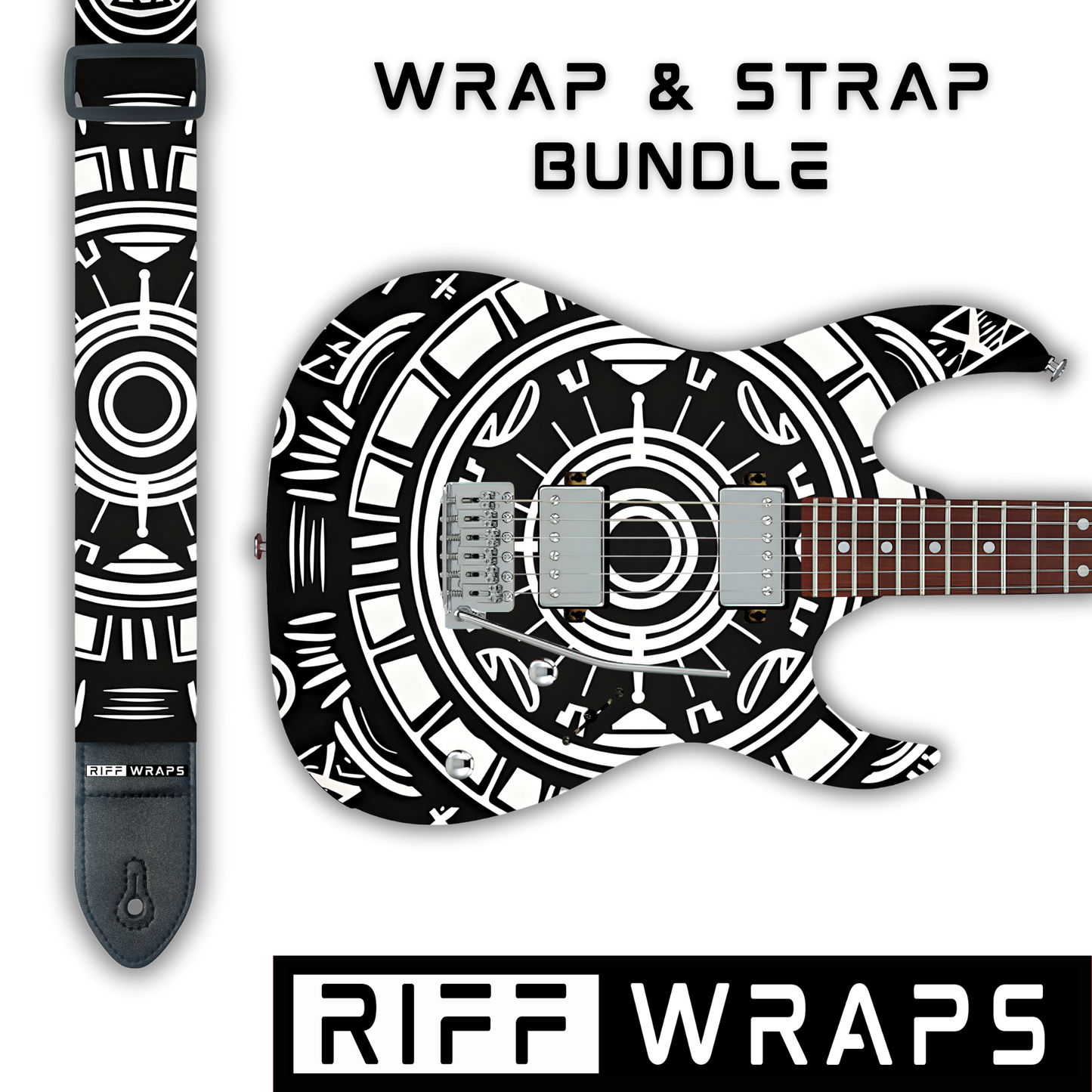 Tribal - Adinkra Black & White - Guitar Wrap & Strap Bundle