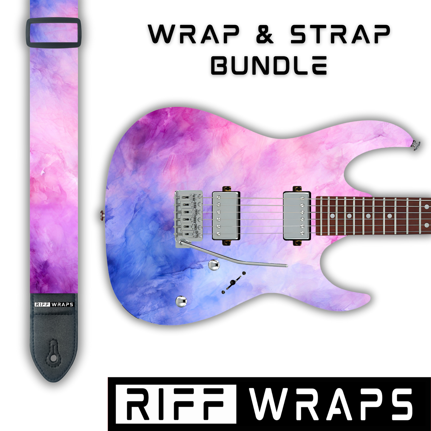 Watercolour - Pink & Blue - Guitar Wrap & Strap Bundle