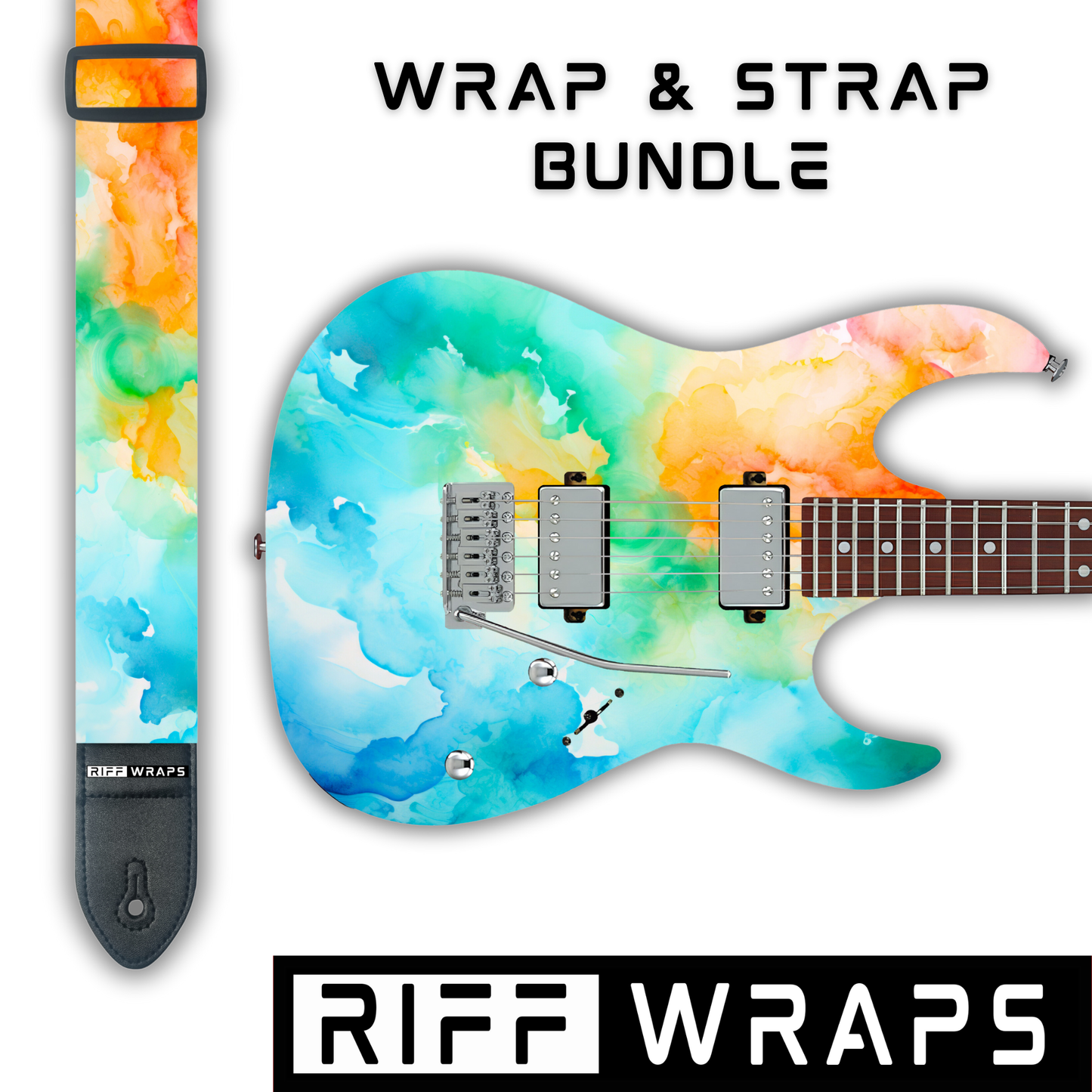 Watercolour - Blue, Green, Orange & Red - Guitar Wrap & Strap Bundle