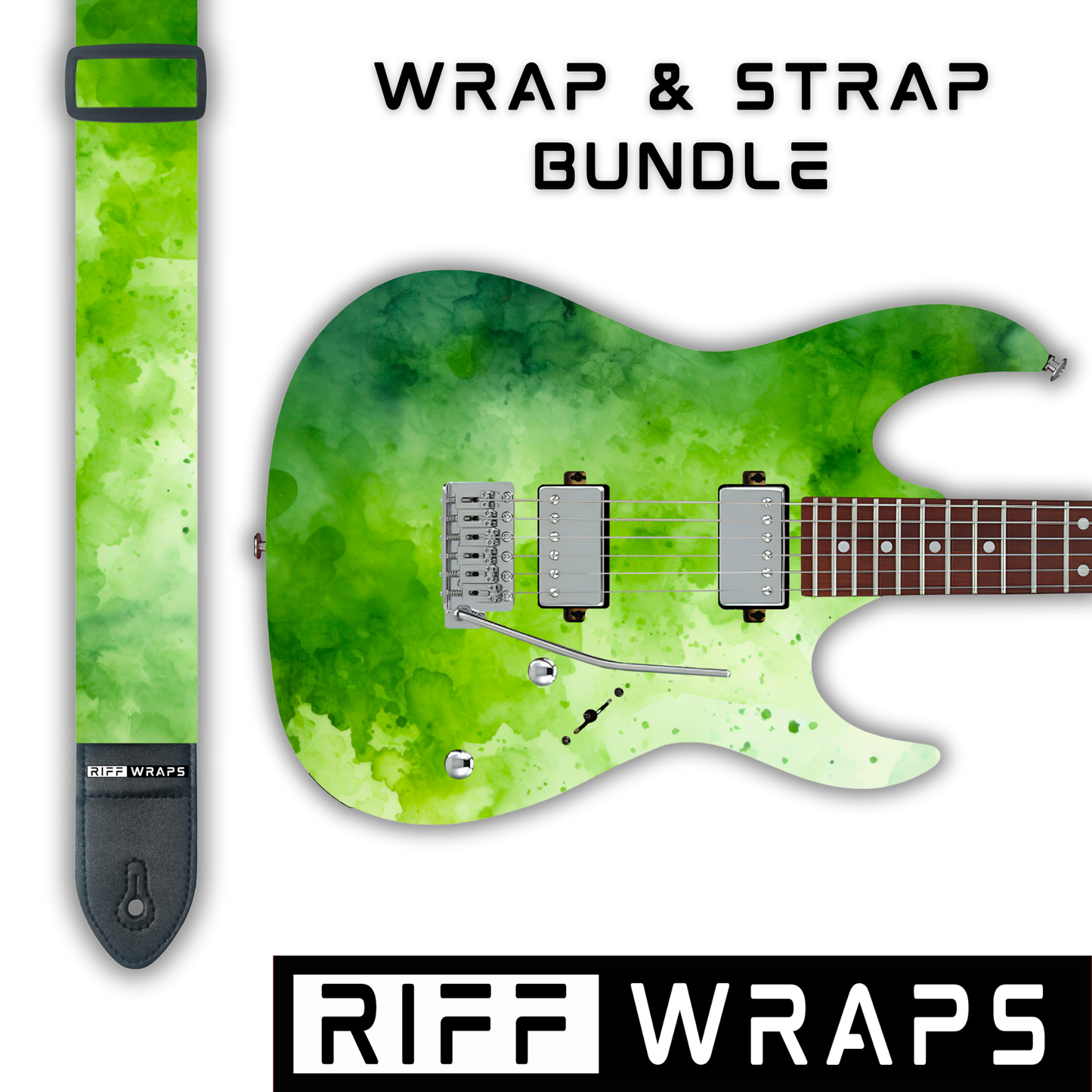 Watercolour - Green 1 - Guitar Wrap & Strap Bundle