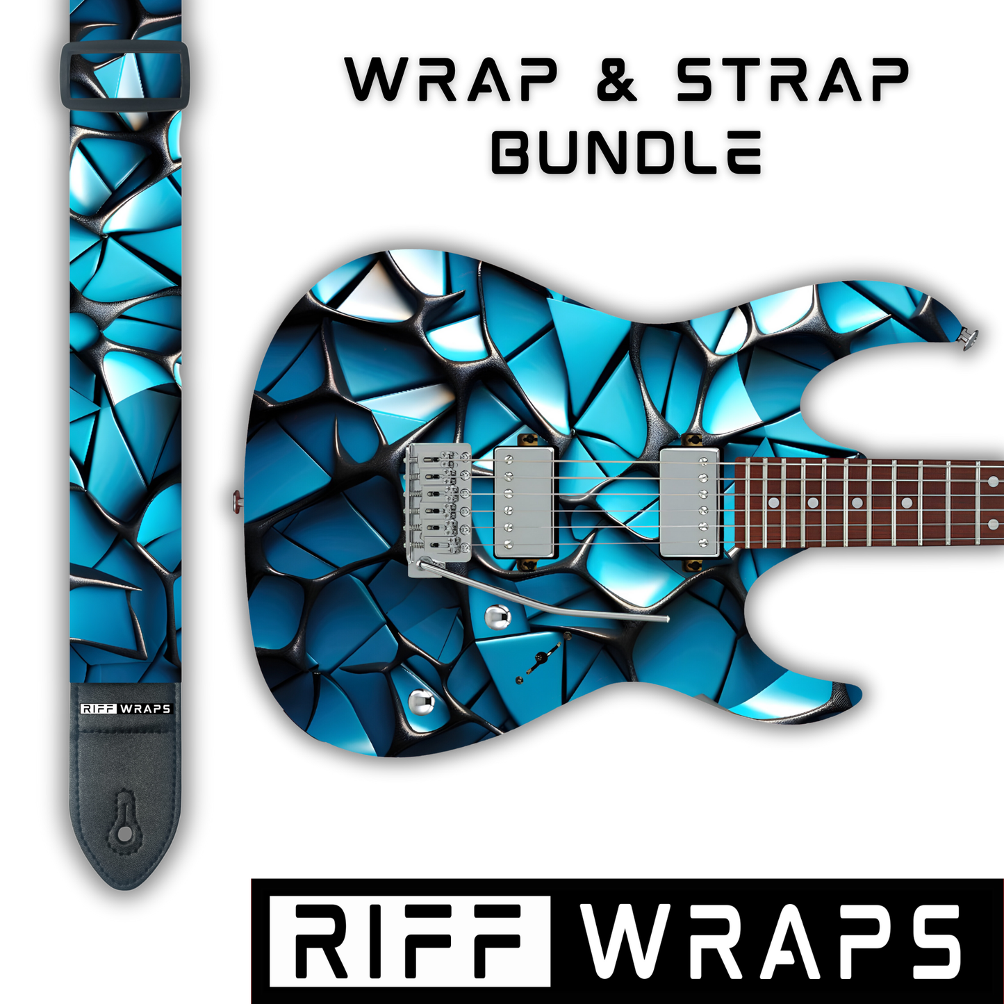 Geometric - Voronoi Blue & Black - Guitar Wrap & Strap Bundle