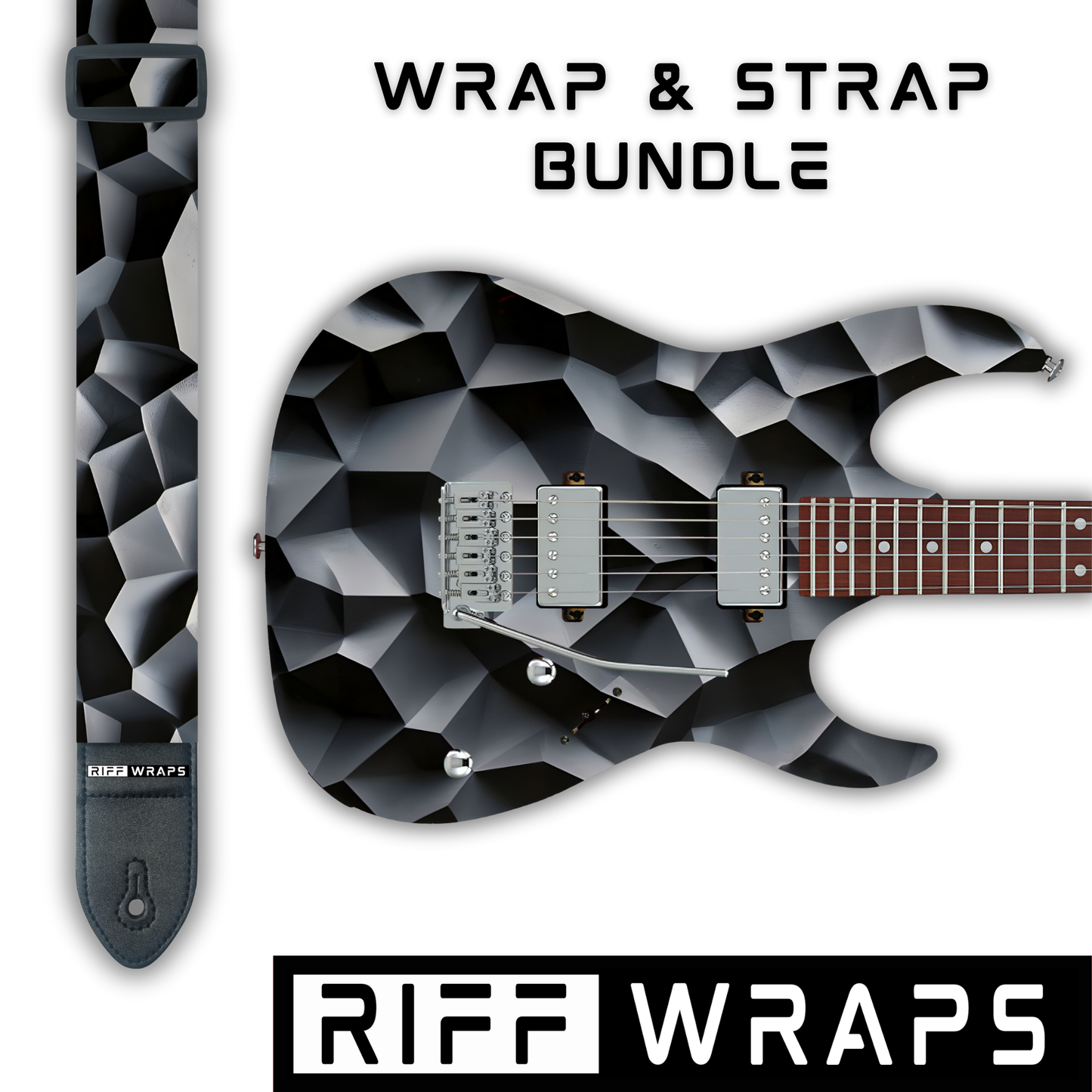 Geometric - Voronoi Texture Black - Guitar Wrap & Strap Bundle