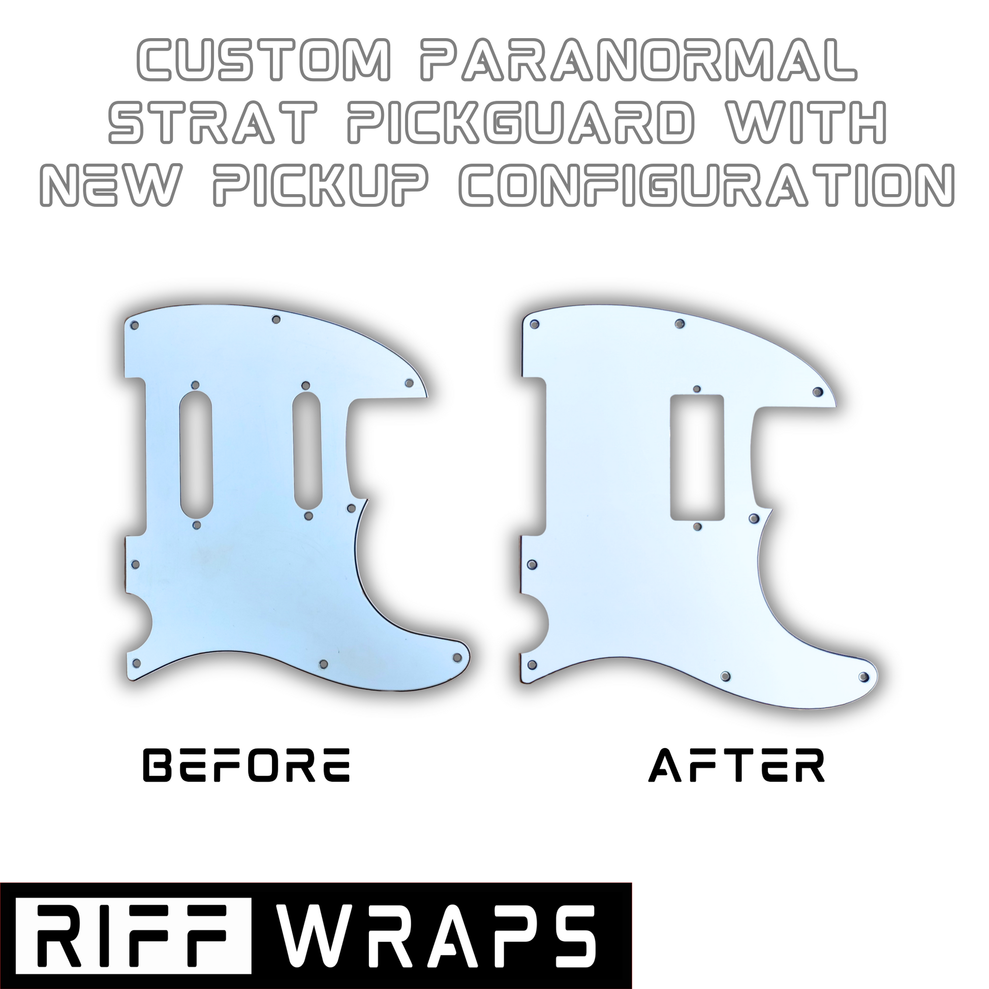 Before and after comparison of a custom paranormal Strat pickguard with new pickup configuration, branded as Riff Wraps.