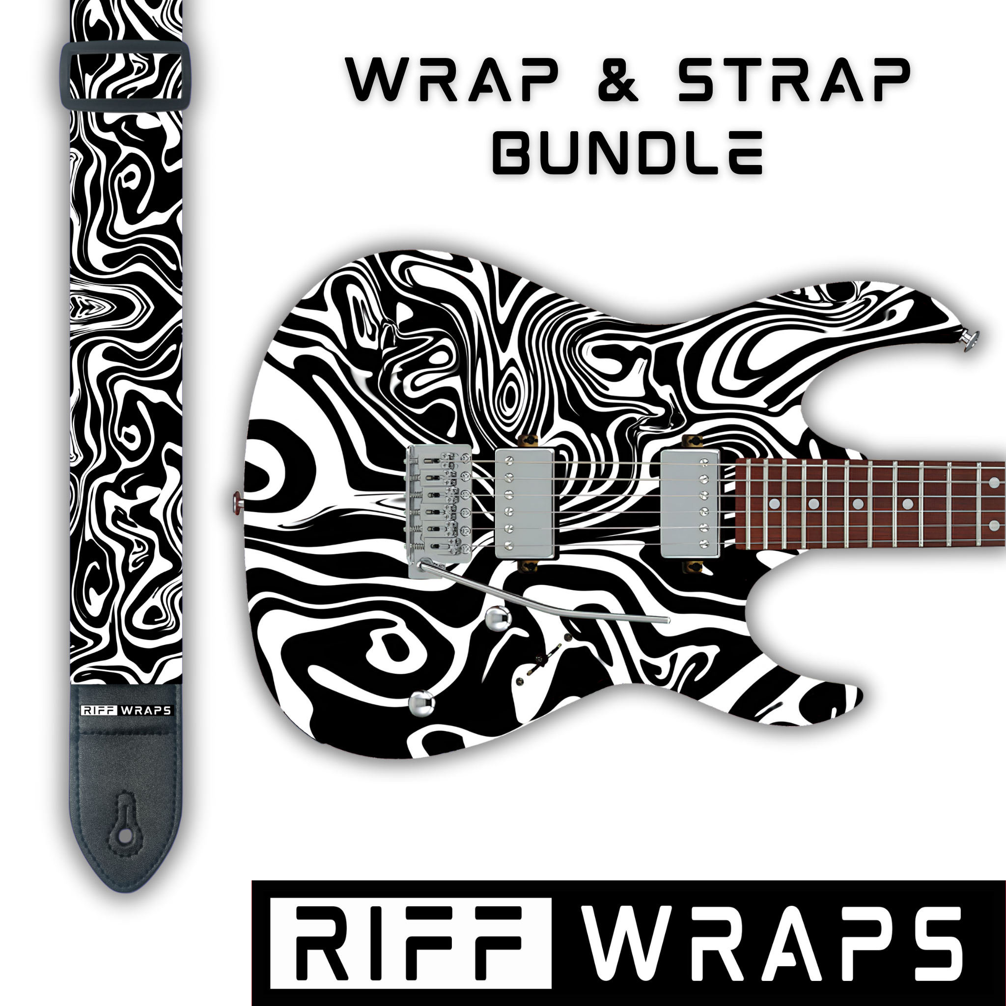 Guitar & Bass Wrap & Strap | Black & White | Swirl | Skin, Decal ...