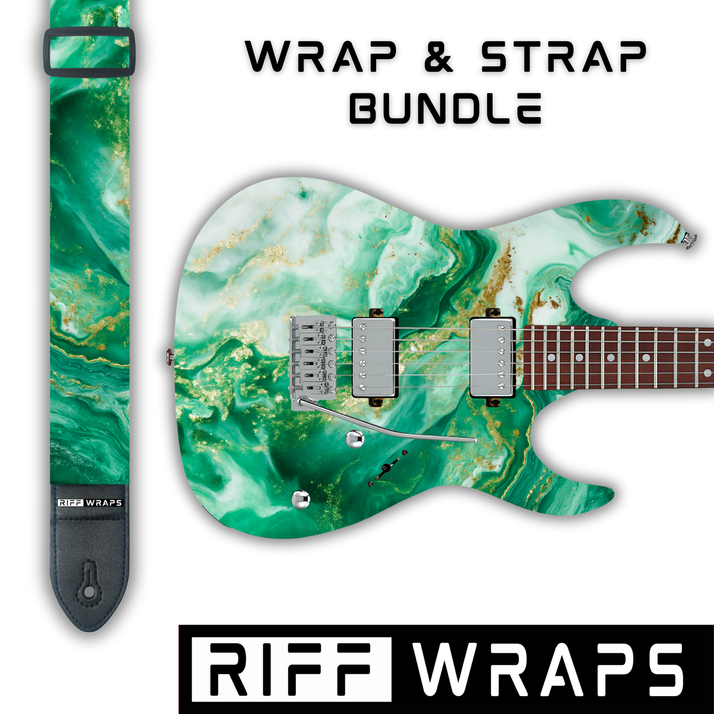 Marble - Green, White & Gold 1 - Guitar Wrap & Strap Bundle