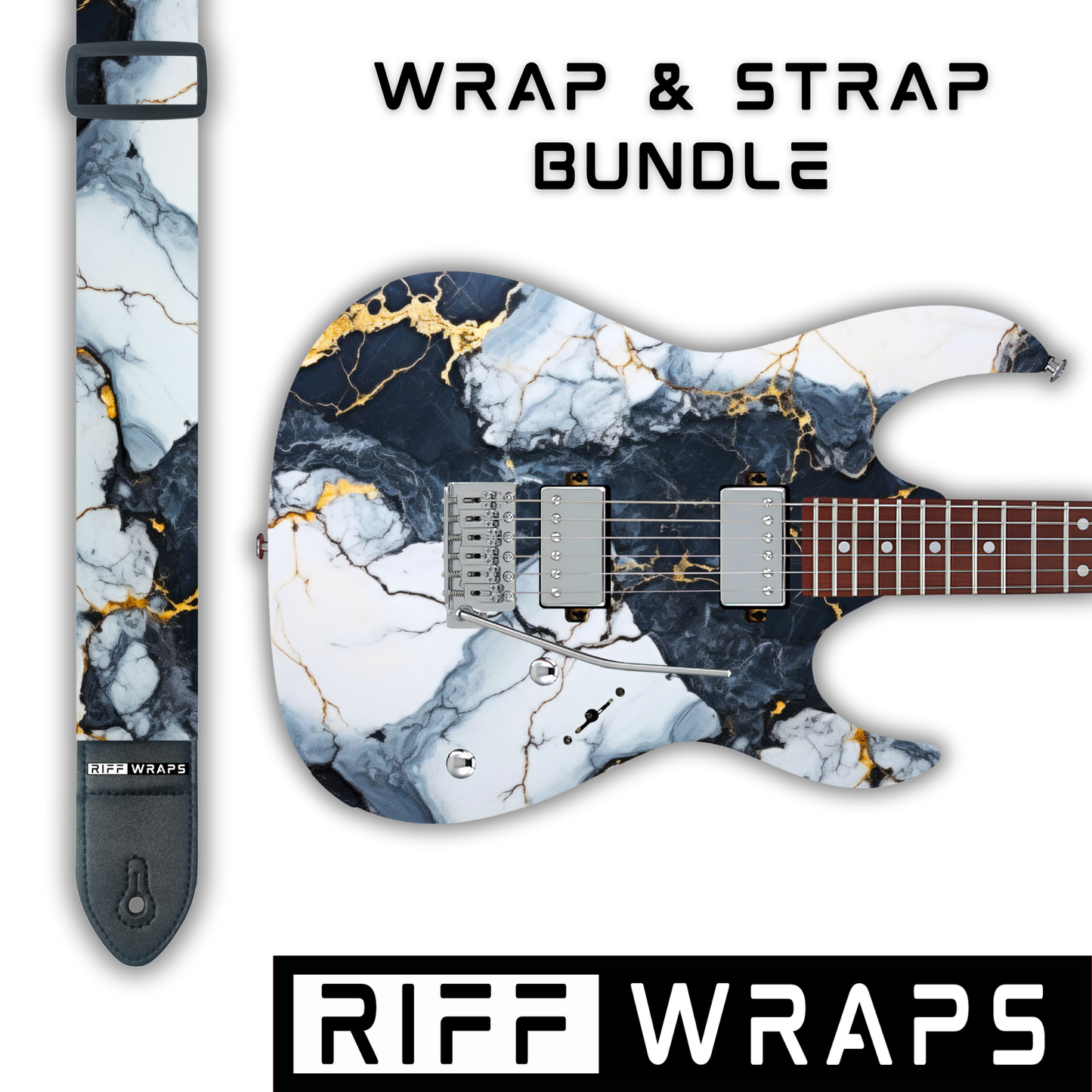 Marble - Grey, White & Gold - Guitar Wrap & Strap Bundle