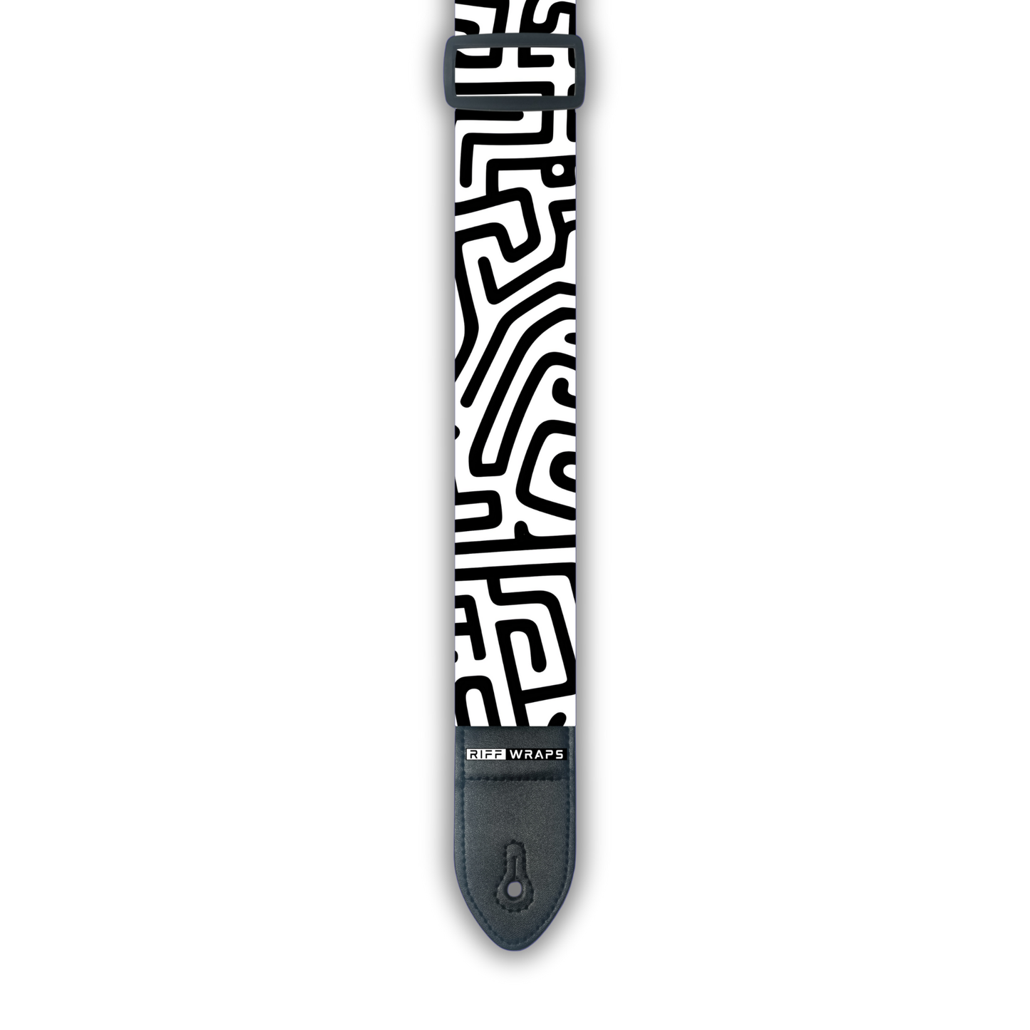 A black and white geometric patterned padded guitar strap with leather ends.