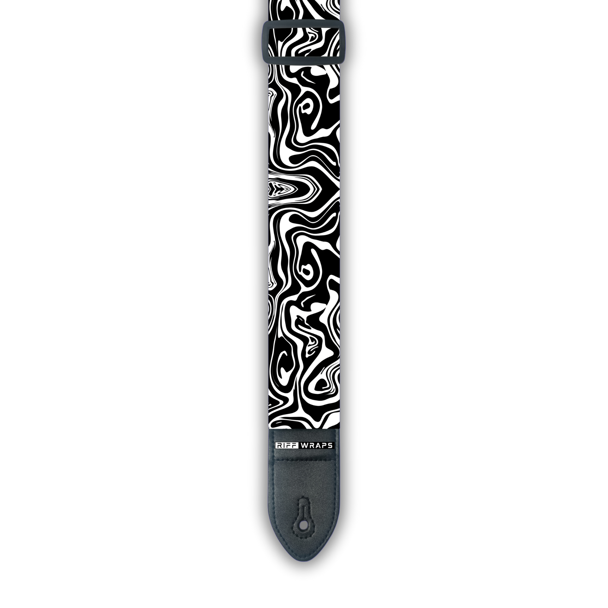 A black and white padded guitar strap with a swirl pattern.