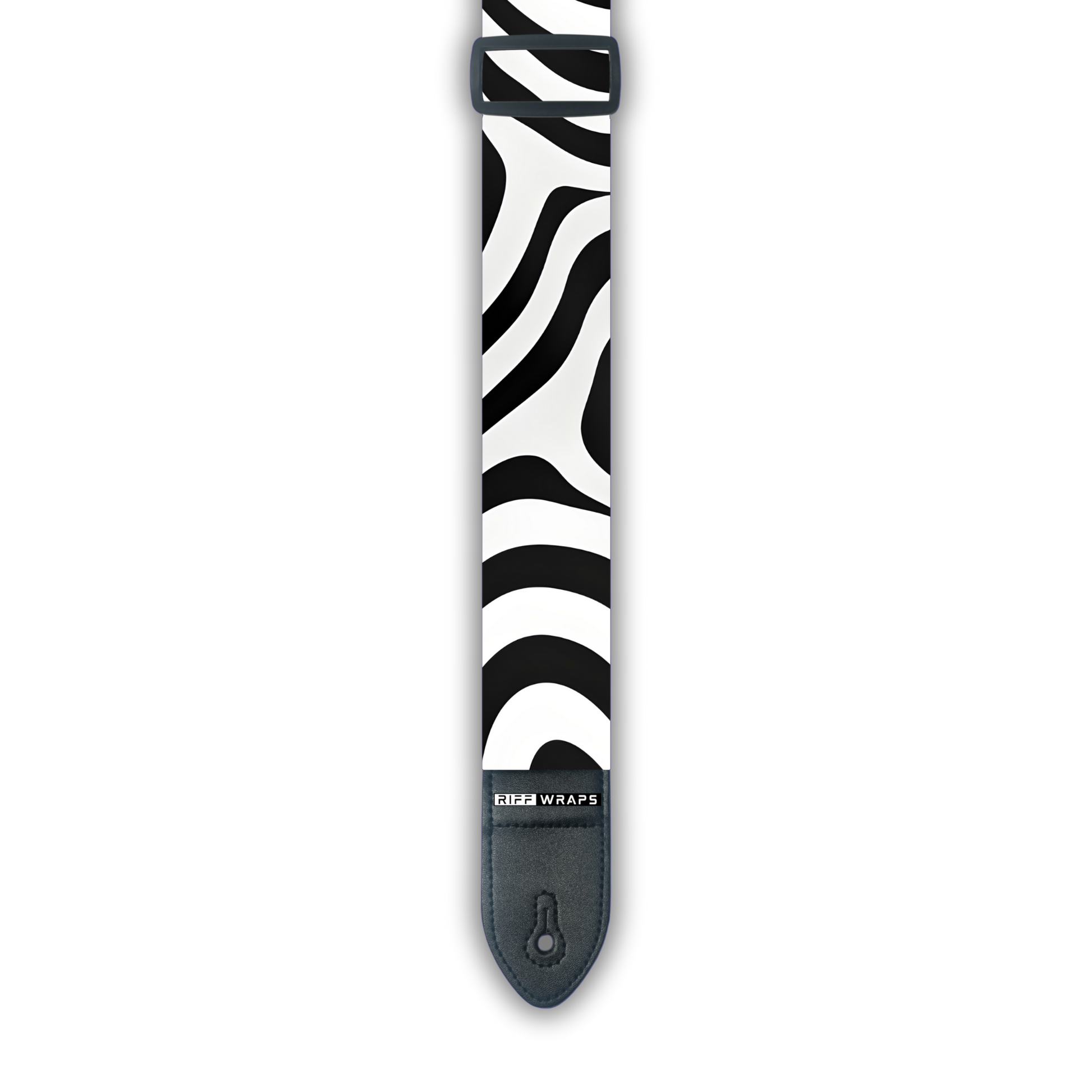 A black and white zebra patterned padded guitar strap with leather ends.