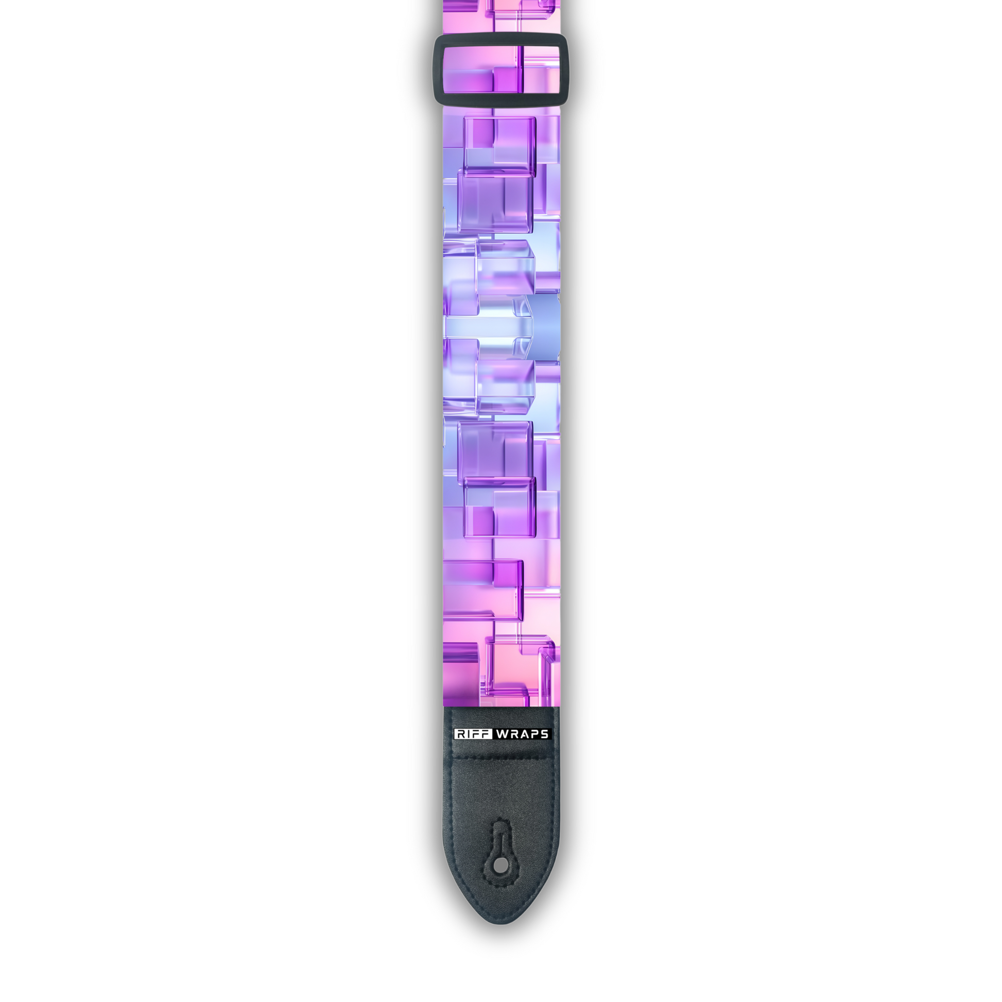 A padded guitar strap with a geometric 3D cube pattern in shades of pink and purple.