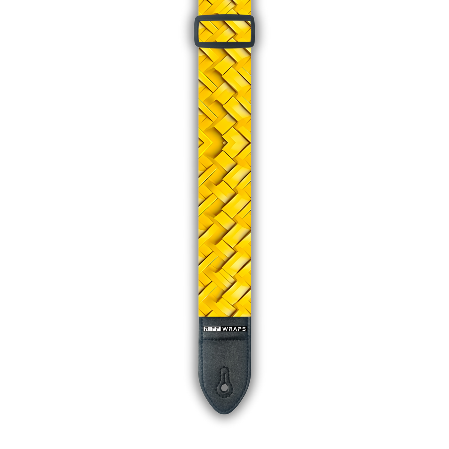 A yellow padded guitar strap with a geometric pattern, showing the strap's buckle and part of the padding.