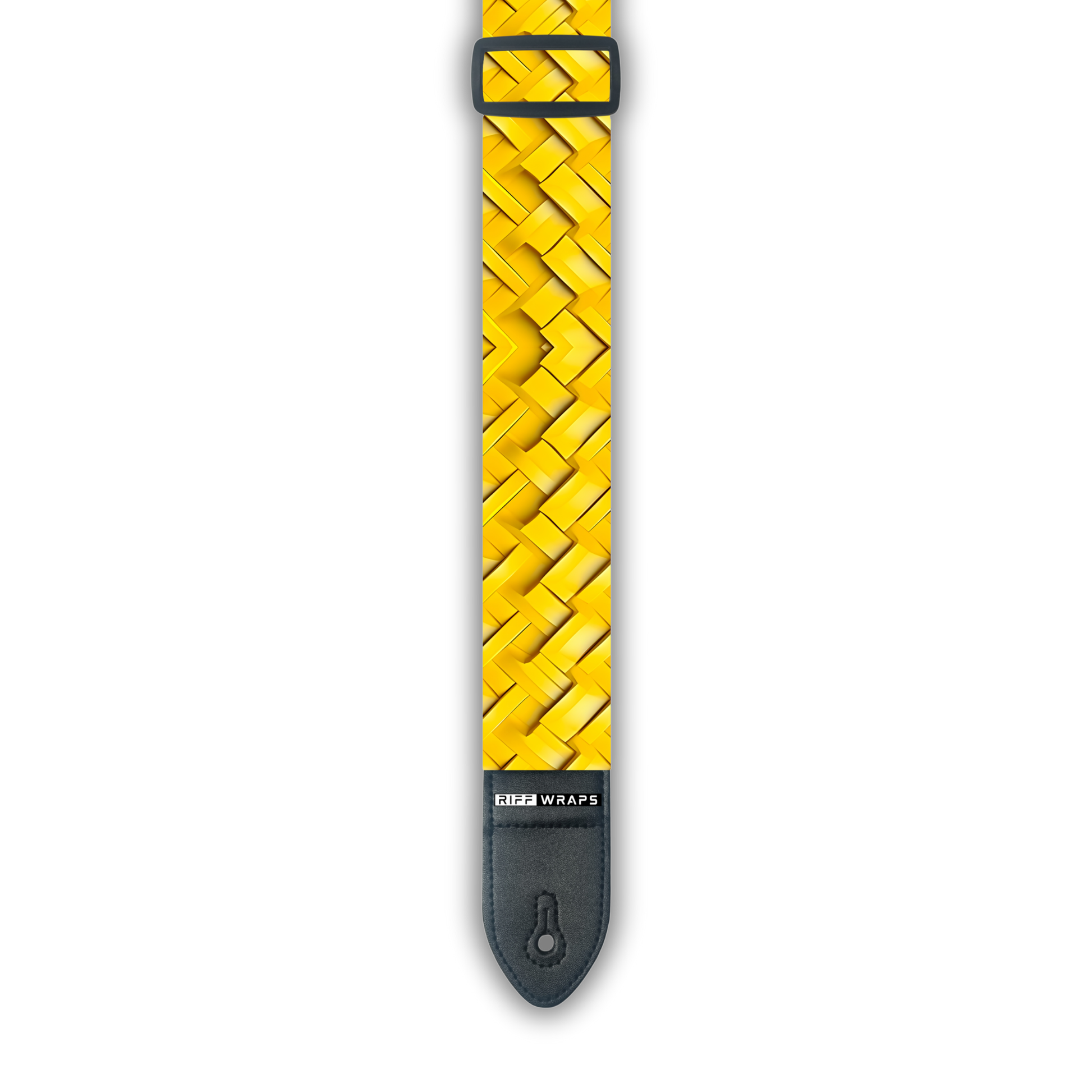 A yellow padded guitar strap with a geometric pattern, showing the strap's buckle and part of the padding.