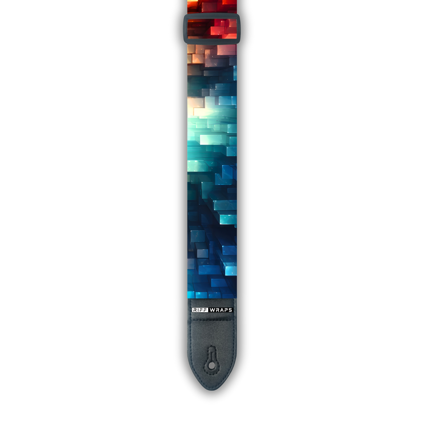 A padded guitar strap with a geometric and futuristic pattern in multiple colors.