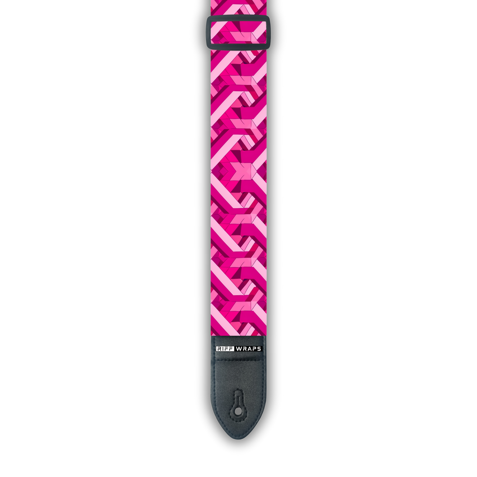 A pink and white geometric goyard pattern padded guitar strap with a brand logo.