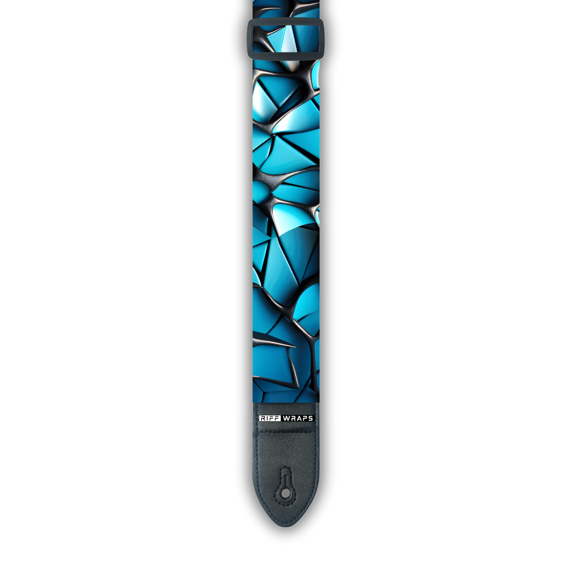 A padded guitar strap with a geometric voronoi pattern in blue and black colors, showing the brand logo 'Riff Wraps' at the end.
