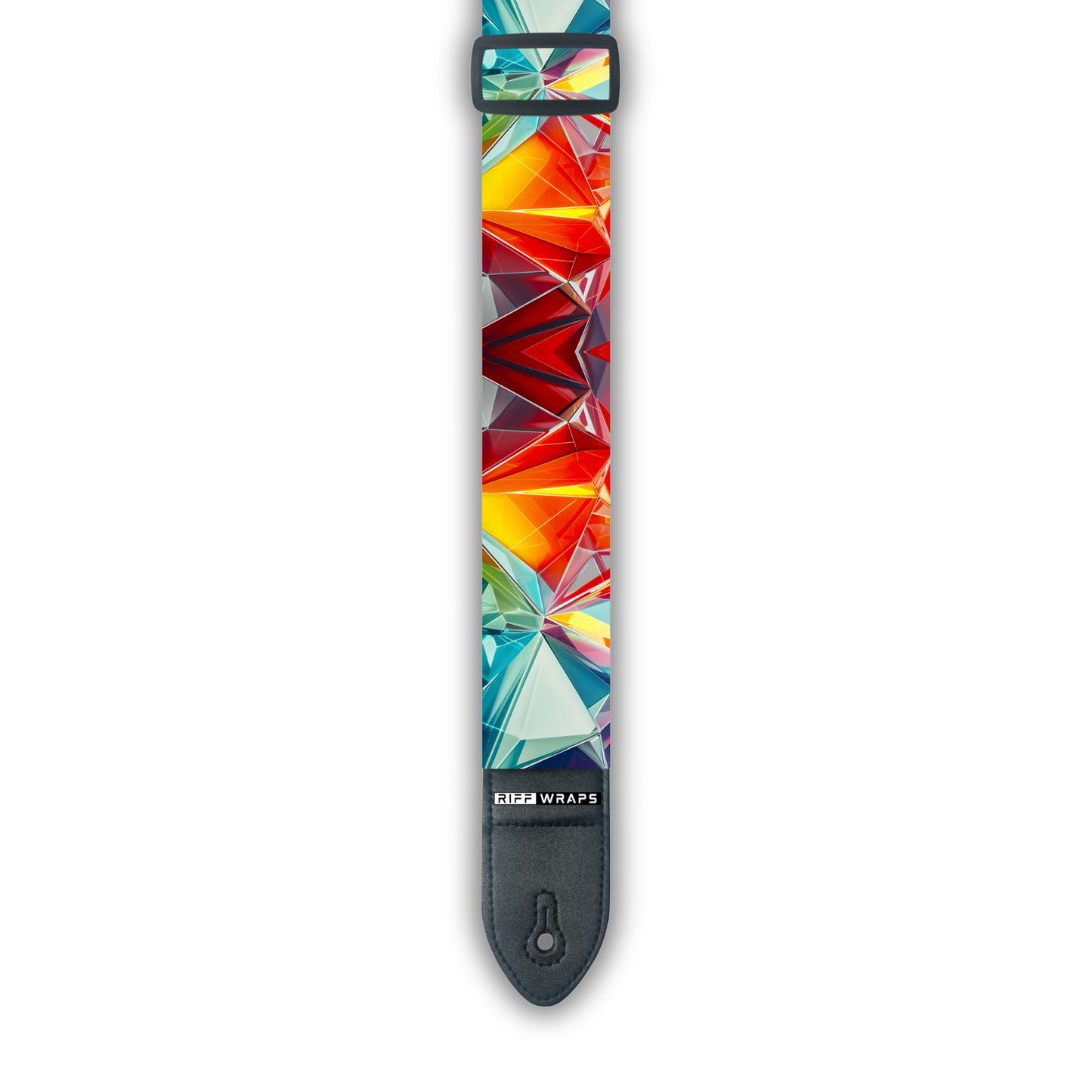 A padded guitar strap with a geometric voronoi pattern in multiple colors.