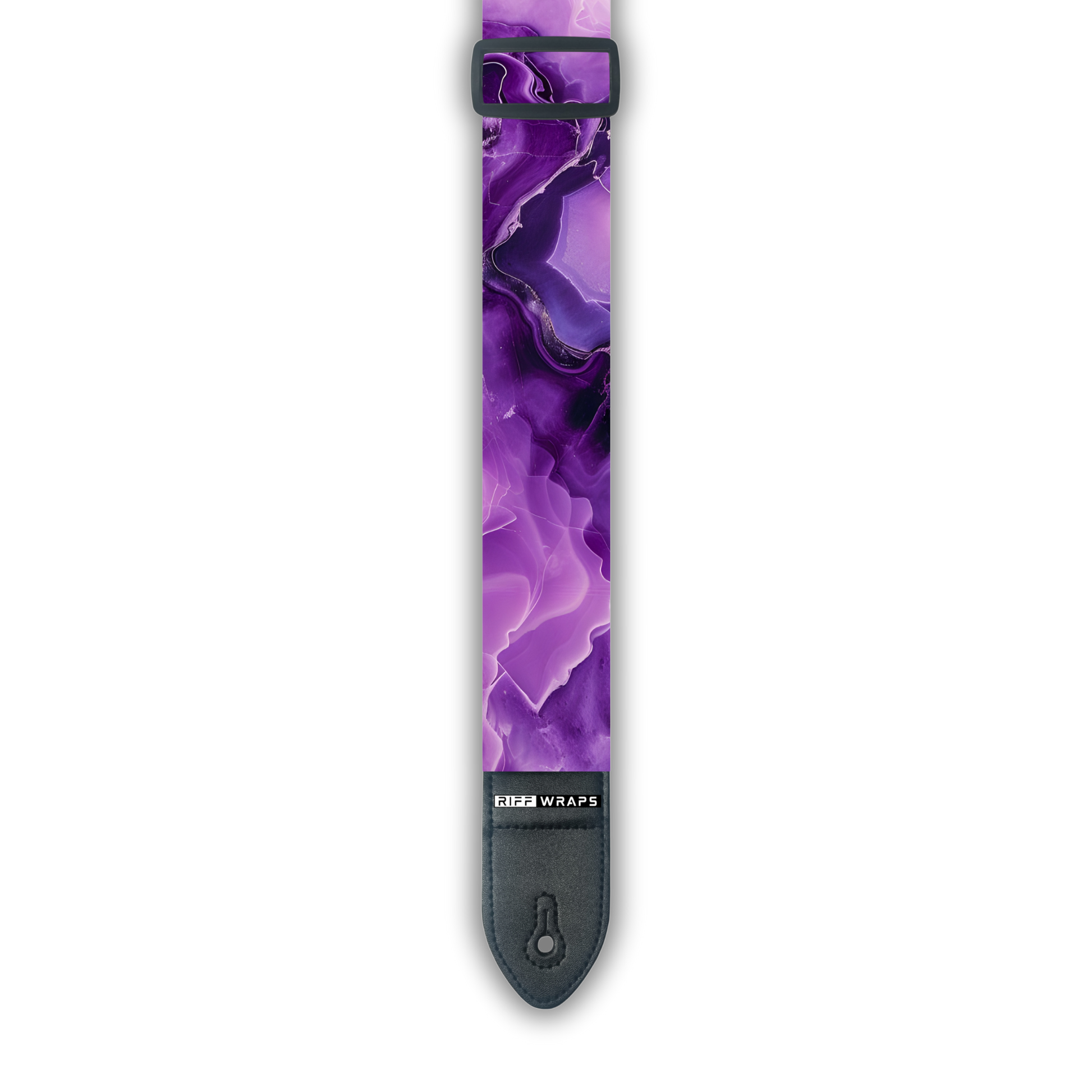 A padded guitar strap with a purple and white marble pattern, featuring a buckle and a strap button.