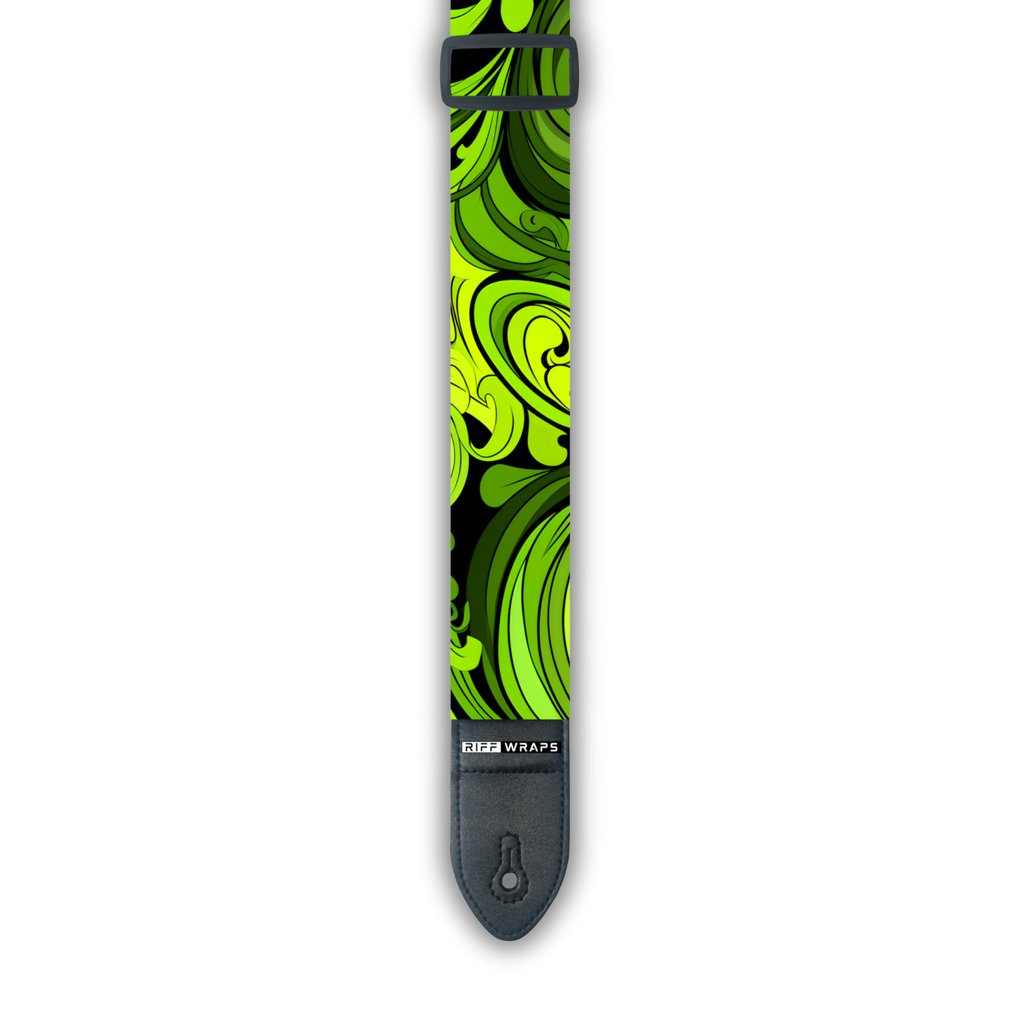 A padded guitar strap with a swirl pattern in green and black colors.