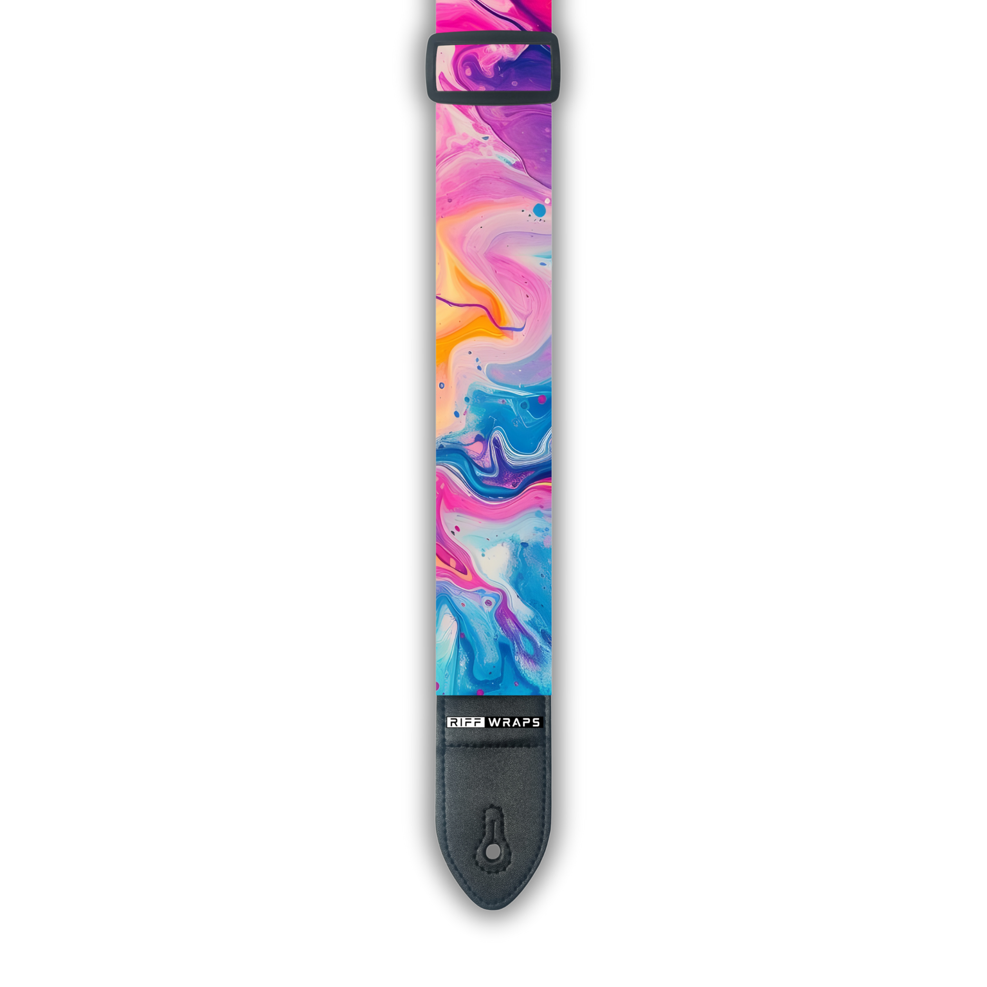 A padded guitar strap with a blue and pink swirl pattern