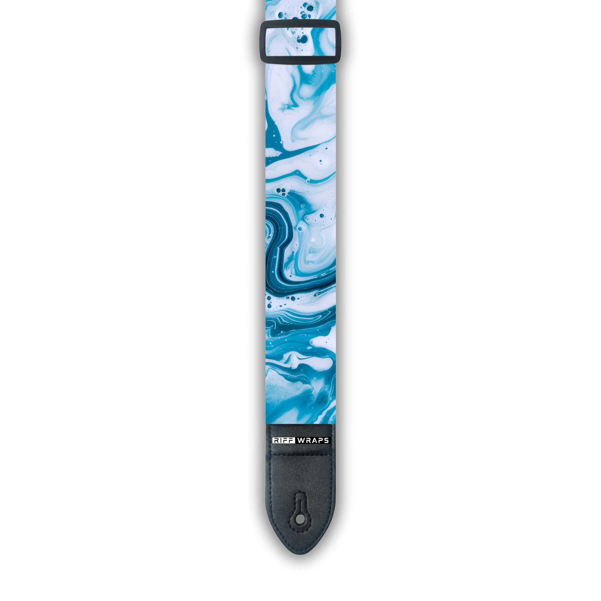 A padded guitar strap with a blue and white swirl pattern.