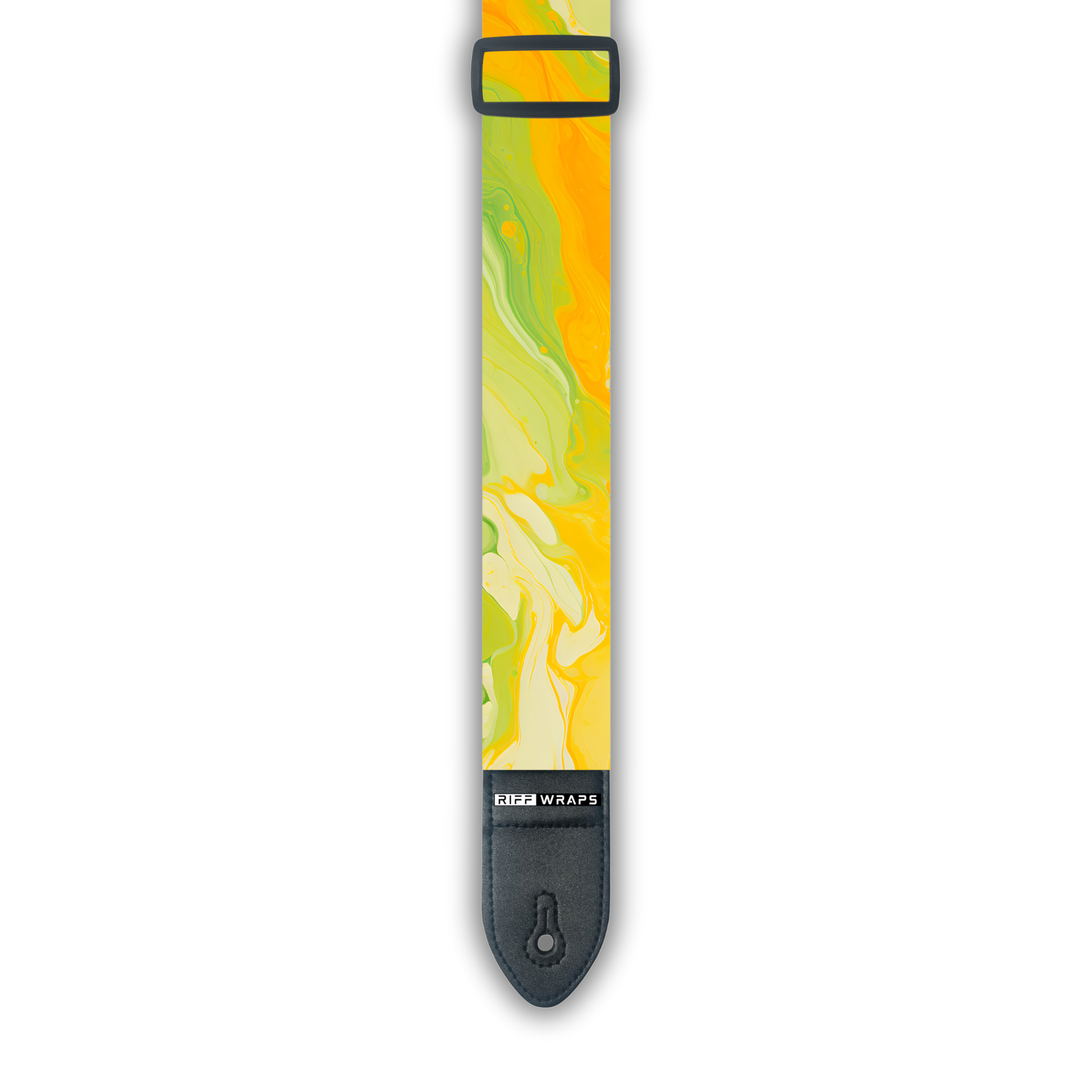 A padded guitar strap with an orange and green swirl pattern, featuring a buckle and strap button.