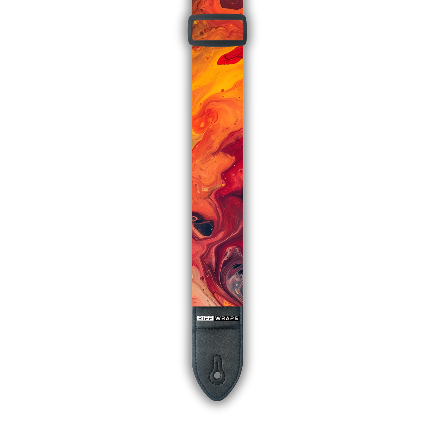 An orange and red padded guitar strap with a swirling pattern, showing the buckle and part of the strap.