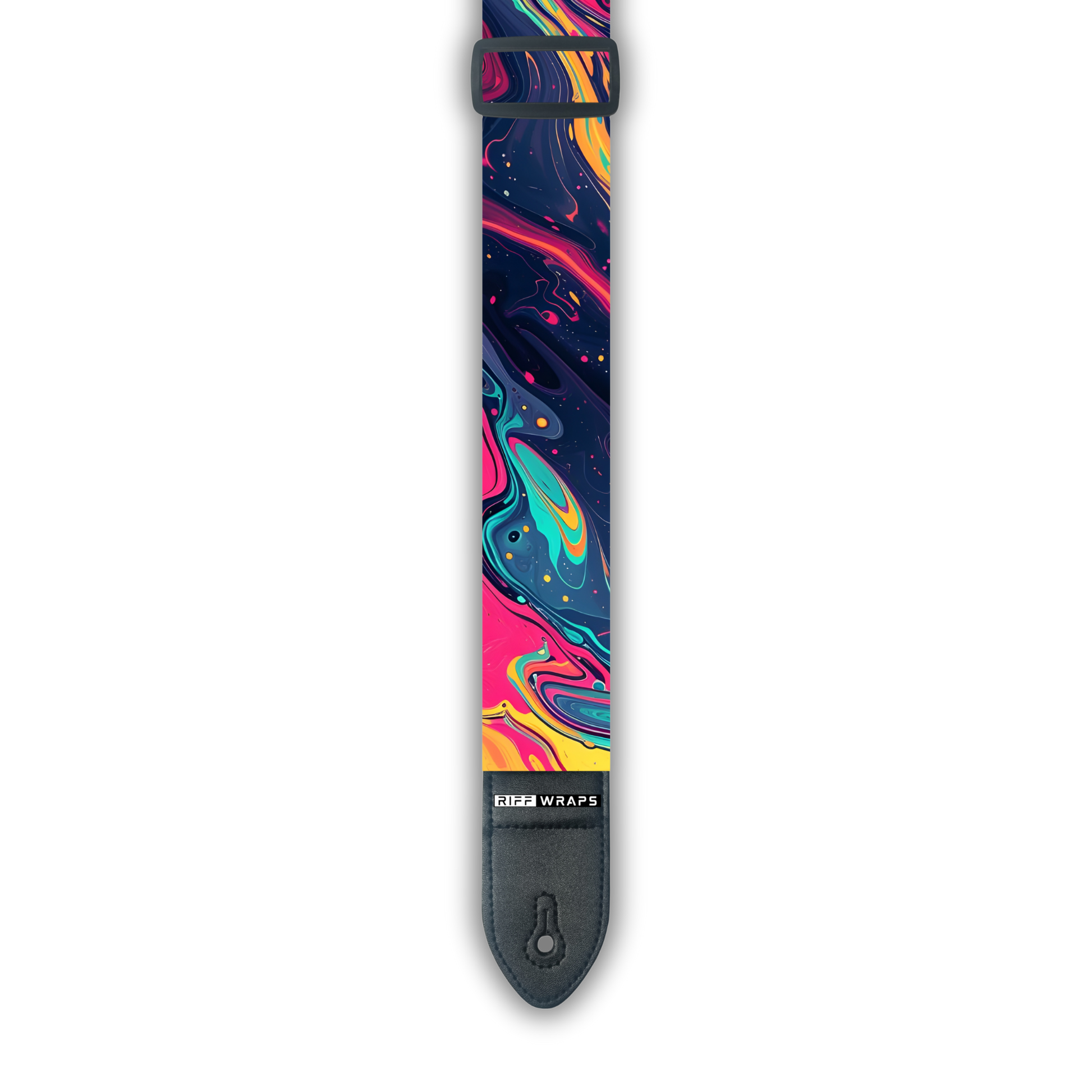 A padded guitar strap with a vibrant pink, blue, and orange swirl pattern on a black background.