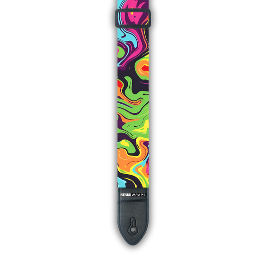 A padded guitar strap with a vibrant, swirling pattern in multiple colors.