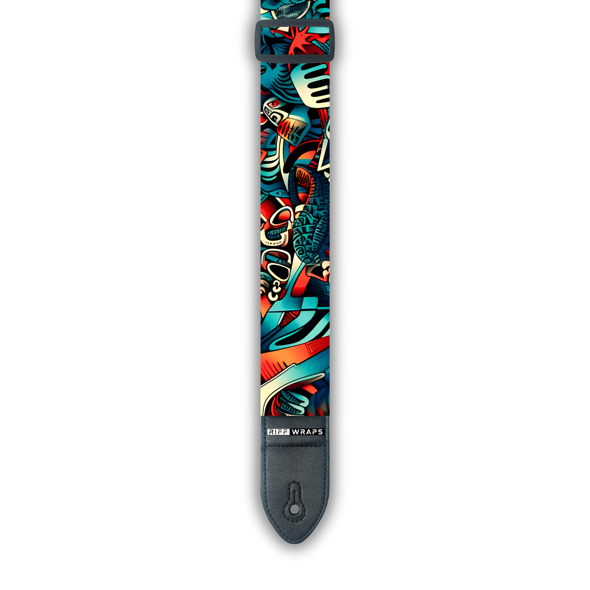 A padded guitar strap with a colorful tribal and abstract pattern.