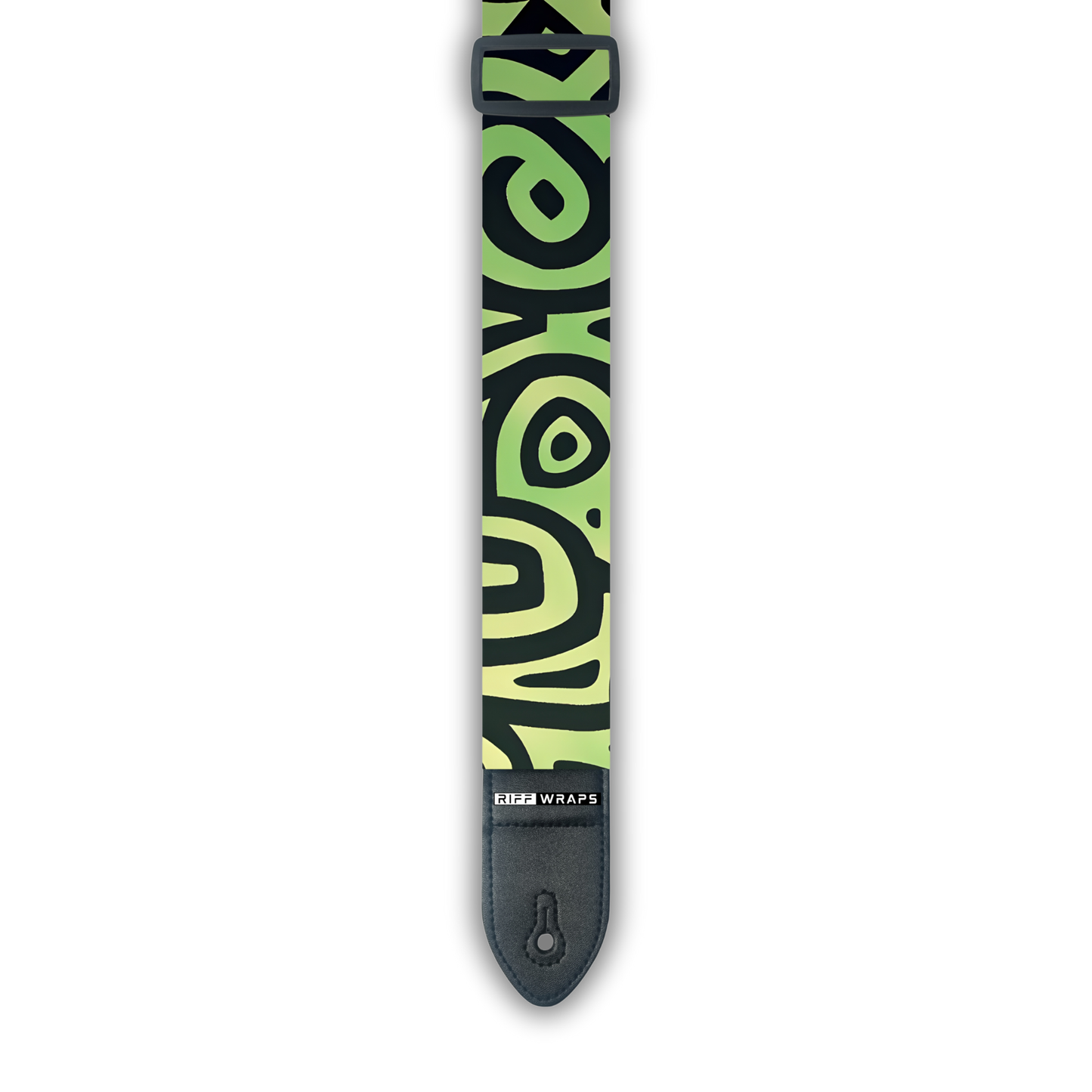 A padded guitar strap with an aperiodic green and black pattern.