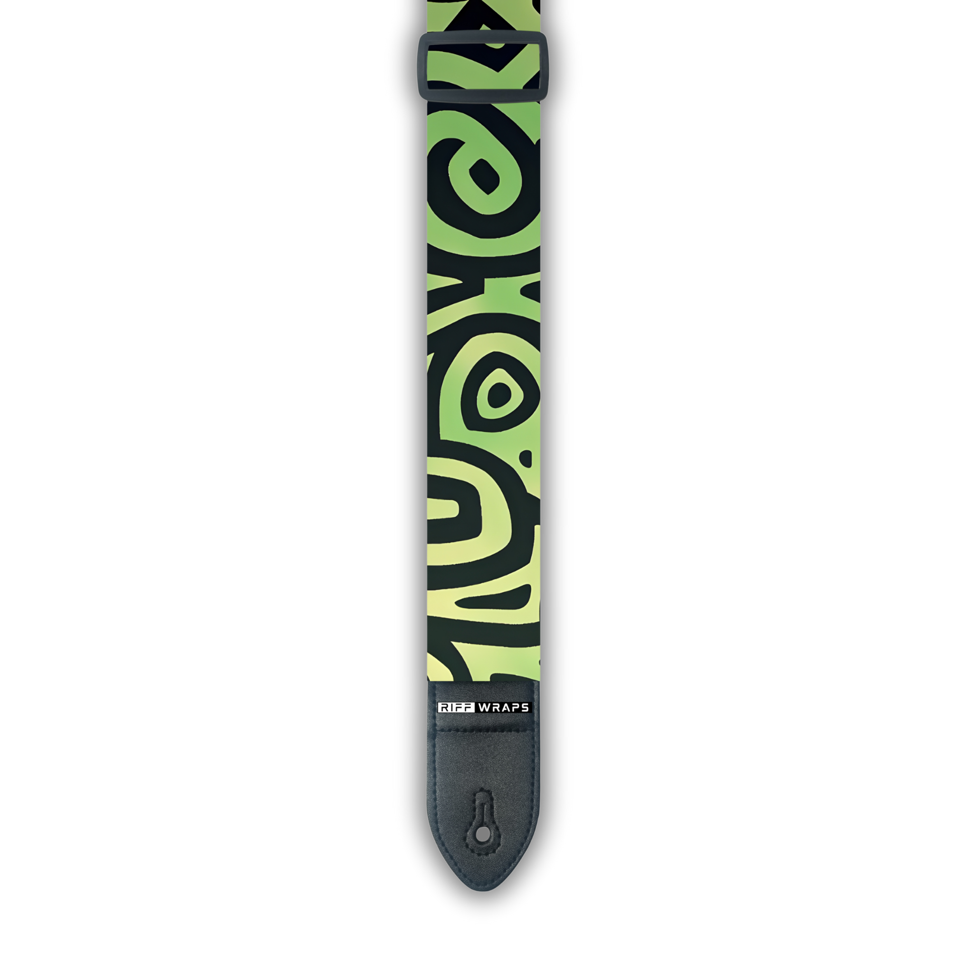 A padded guitar strap with an aperiodic green and black pattern.