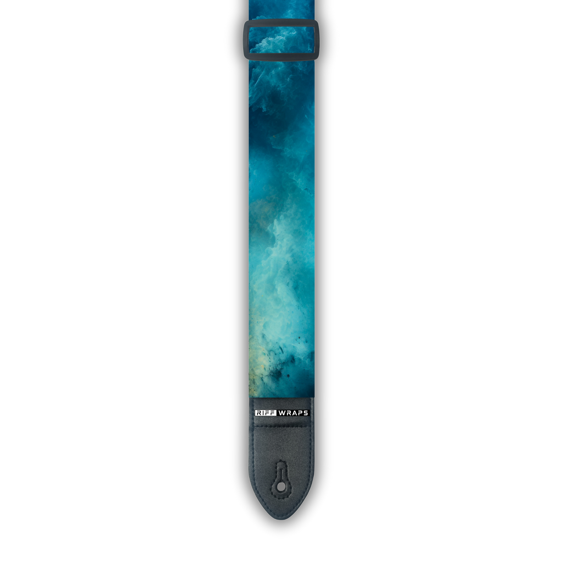 A padded guitar strap with a blue watercolor design.