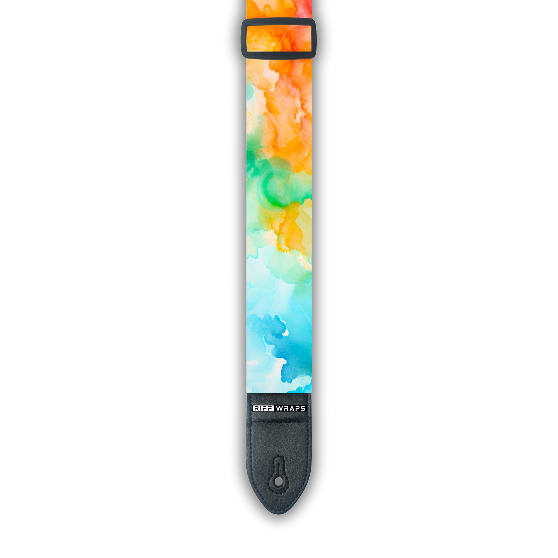 A padded guitar strap with a watercolour design featuring shades of blue, green, orange, and red.