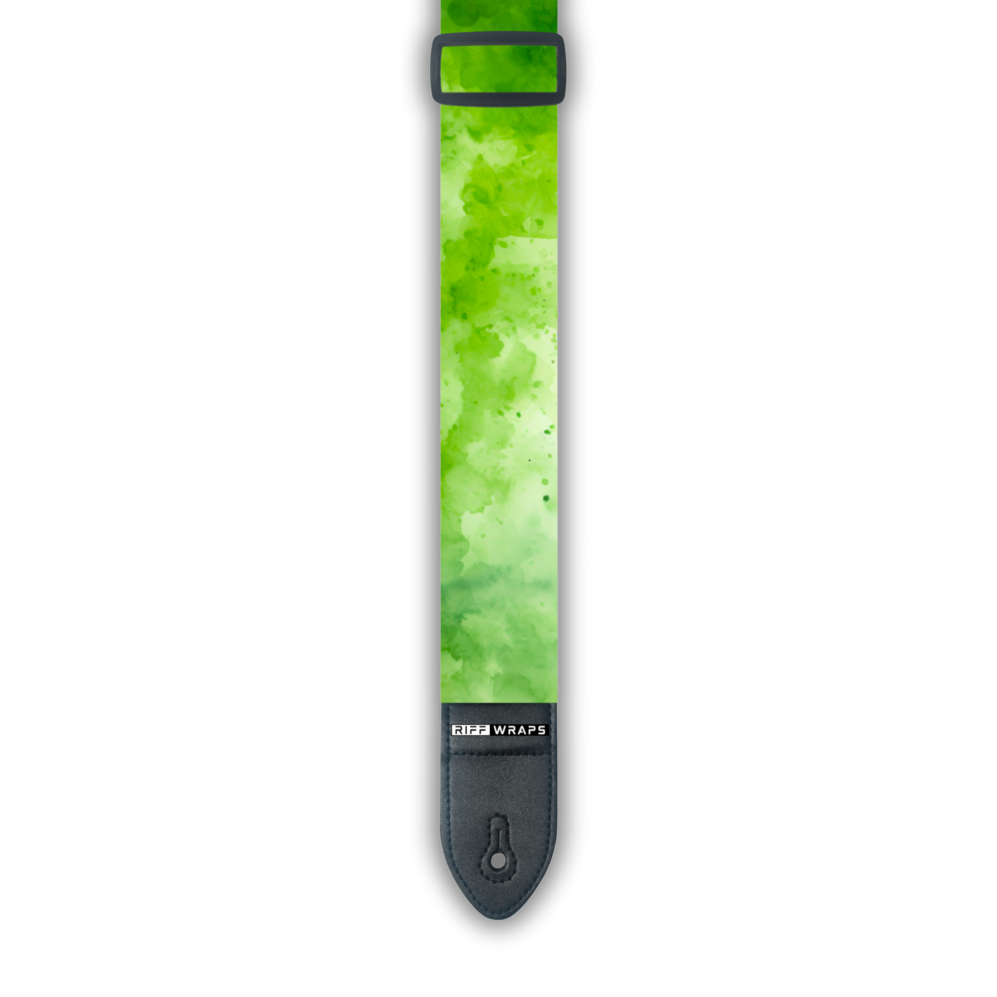 A padded guitar strap with a vibrant green watercolor pattern.