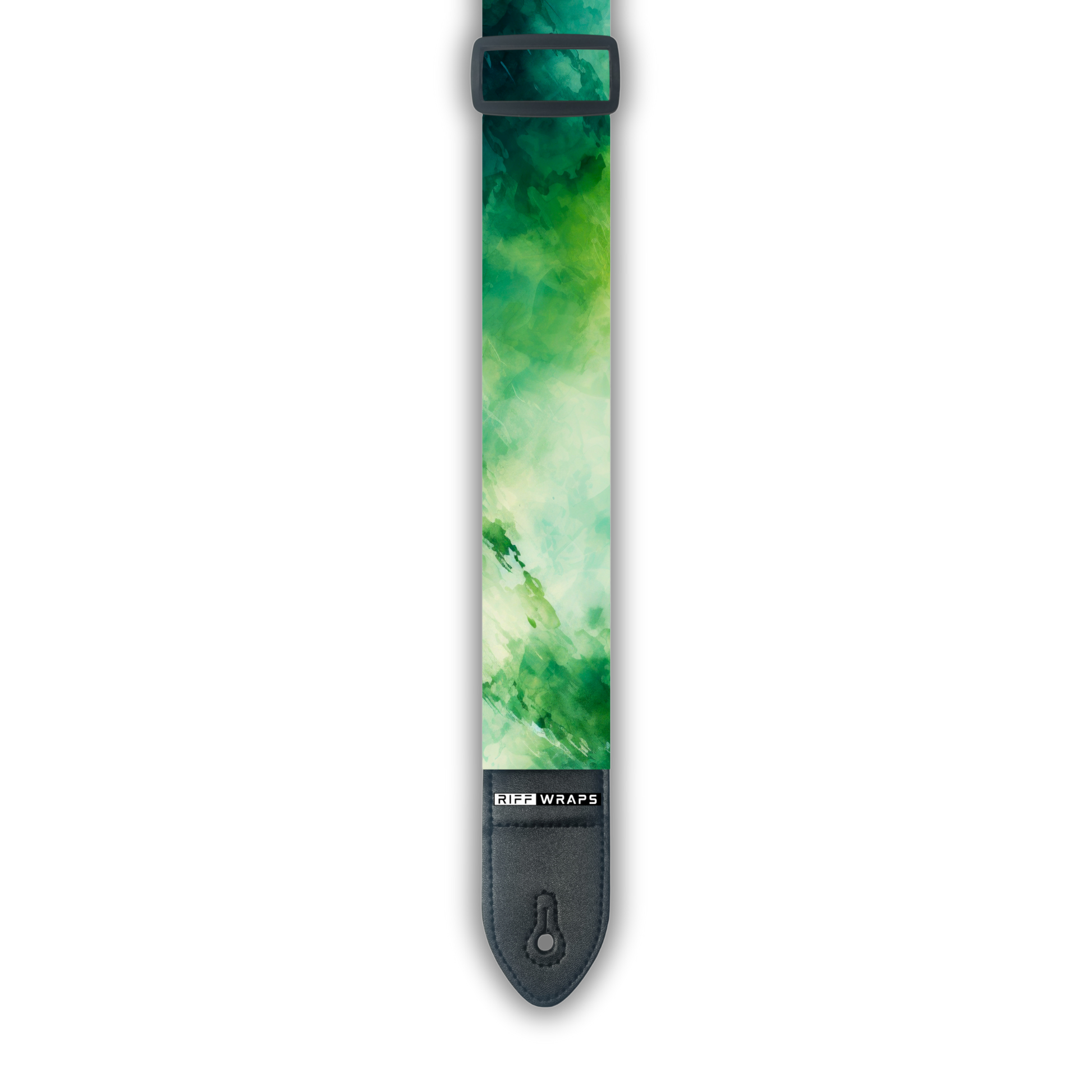 A padded guitar strap with a green watercolor design.