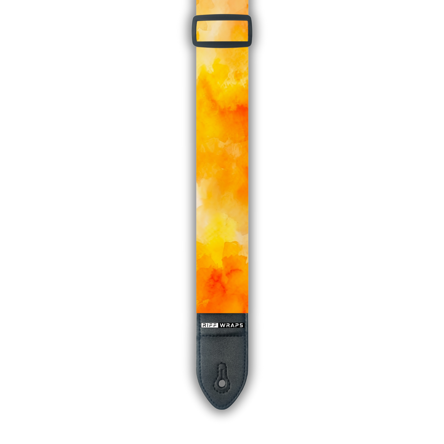 An orange and yellow watercolor patterned padded guitar strap with black ends and the brand name 'Riff Wraps' visible.
